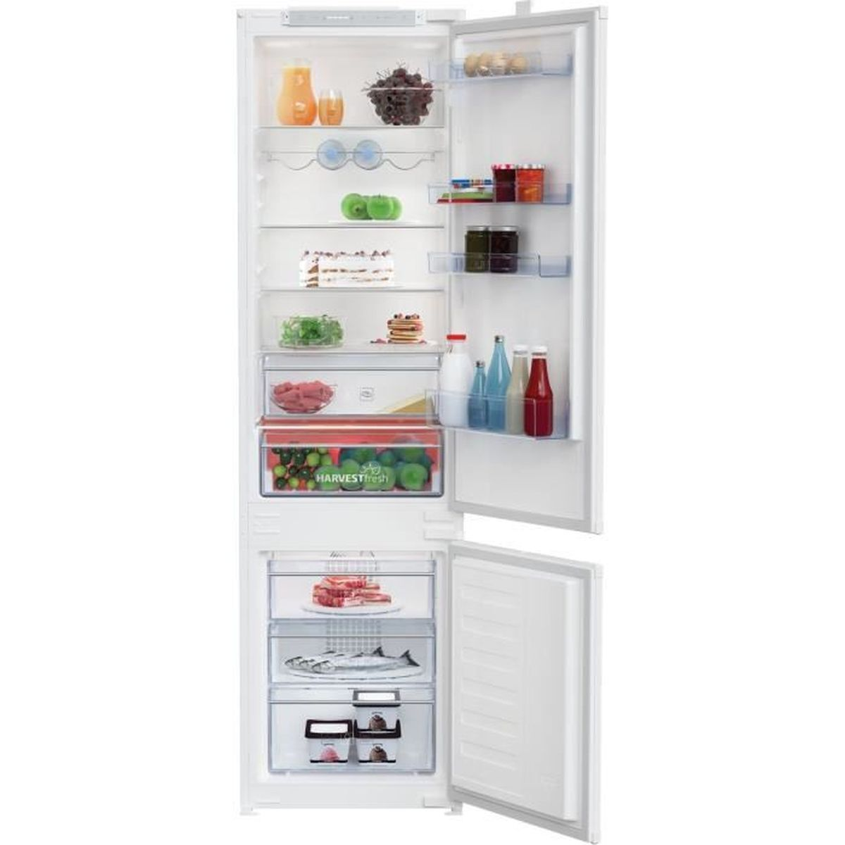 Frigorifero bianco con porta aperta. Contiene frutta, verdura e vari alimenti sugli scaffali.