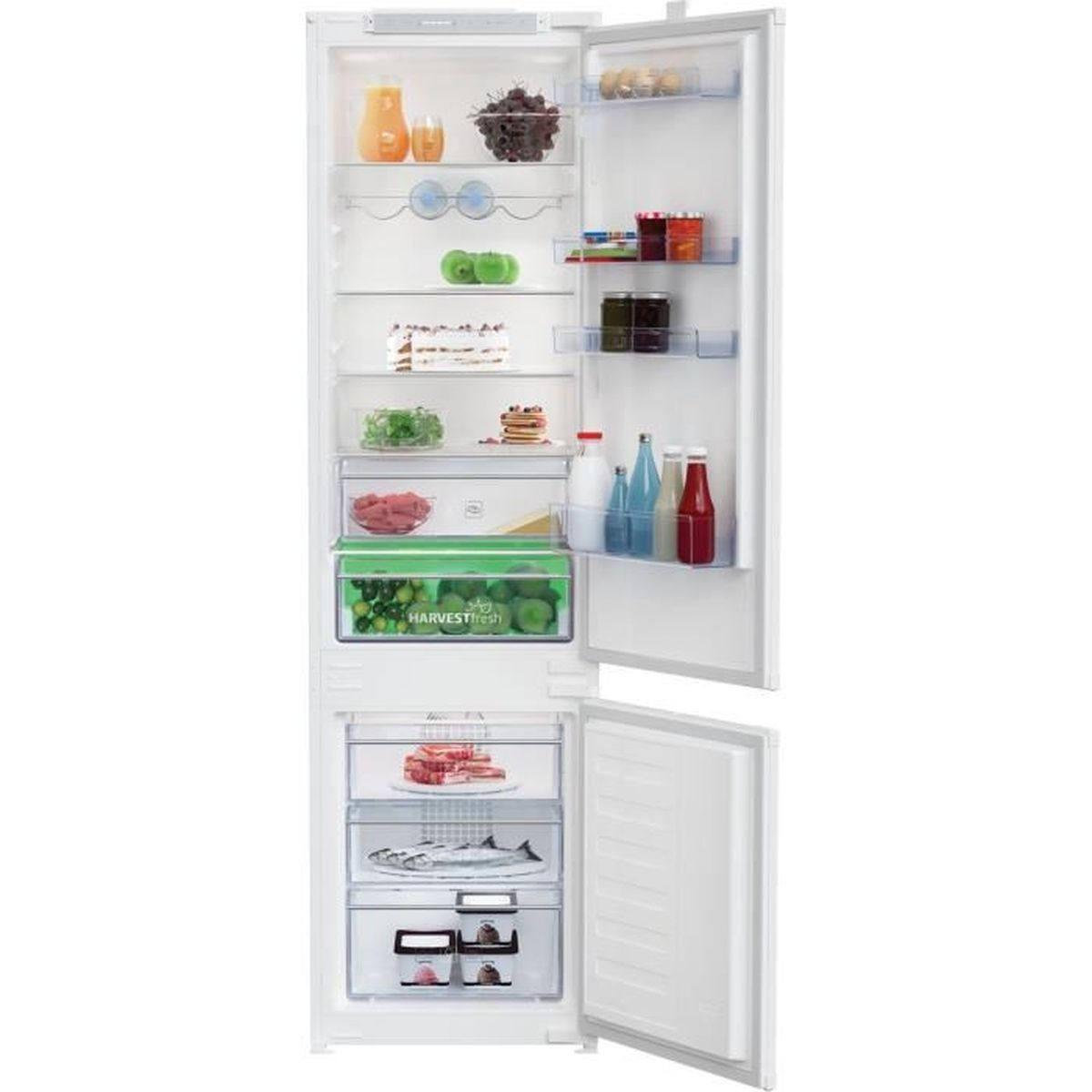 Frigorifero bianco con porta aperta. Contiene frutta, verdura e generi alimentari.
