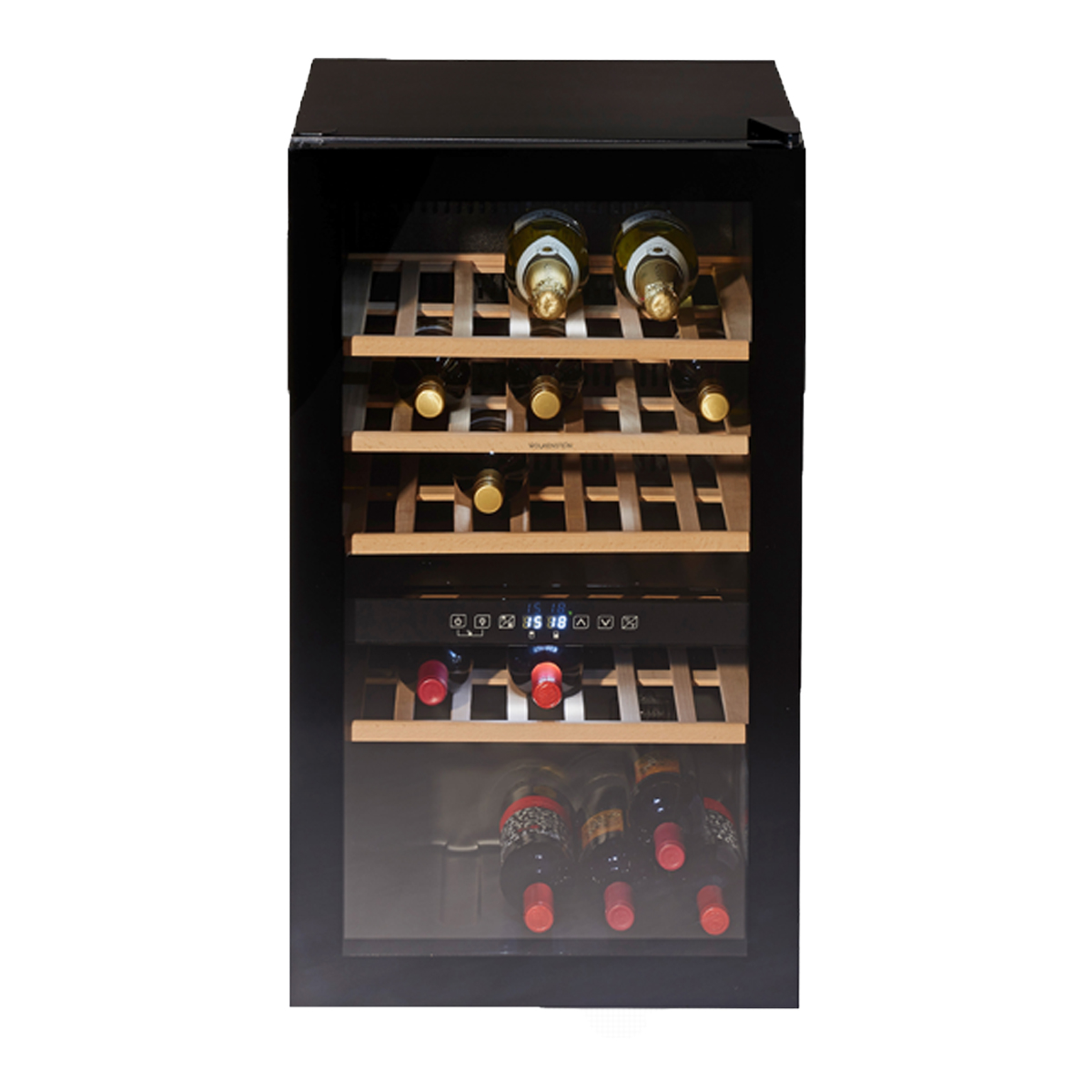 Weinkühler mit Flaschen im Inneren. Es ist ein schlankes, schwarzes Design mit Holzregalen und digitaler Anzeige.