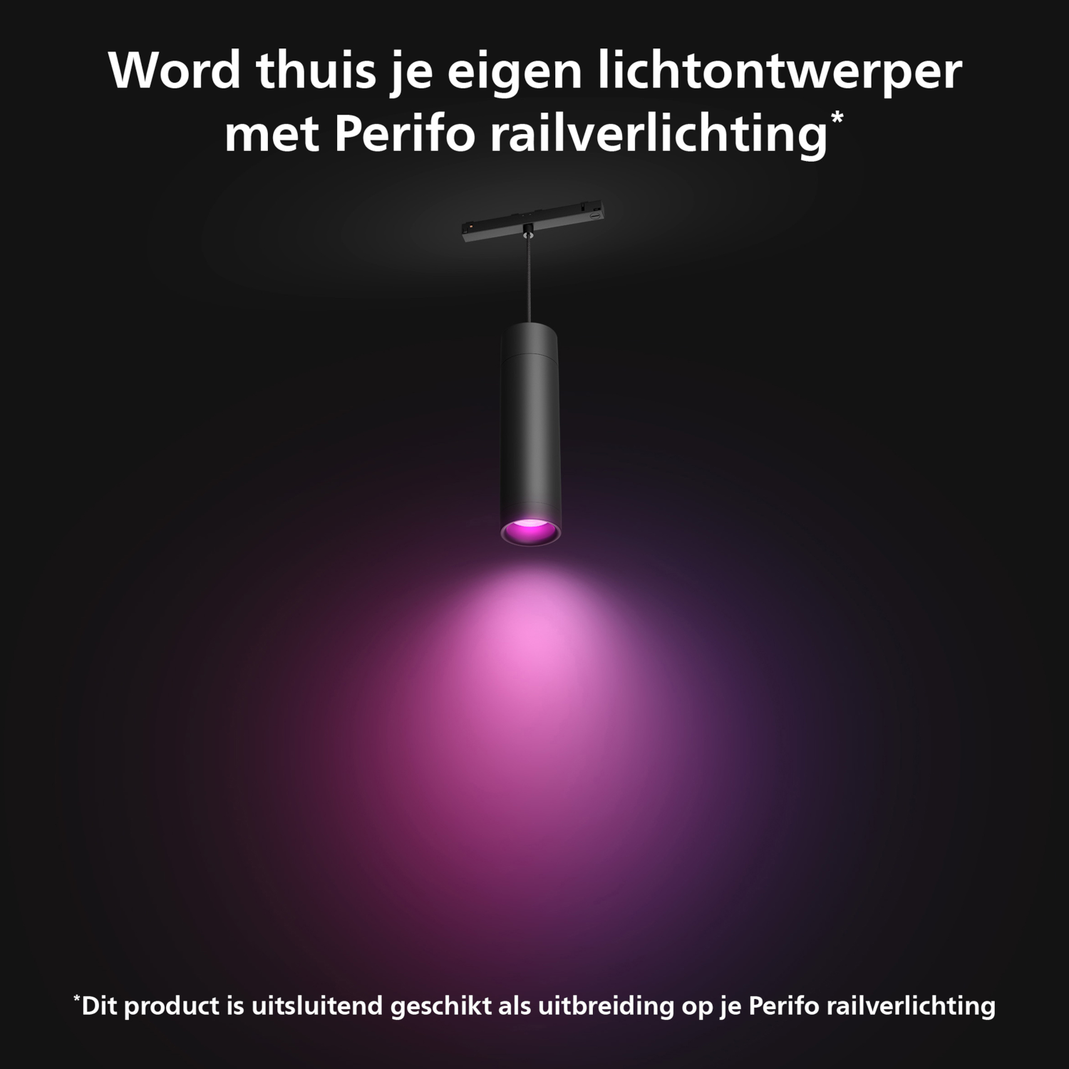 Czarna oprawa oświetleniowa emitująca różowe światło. Tekst: Word thuis je eigen lichtontwerper.