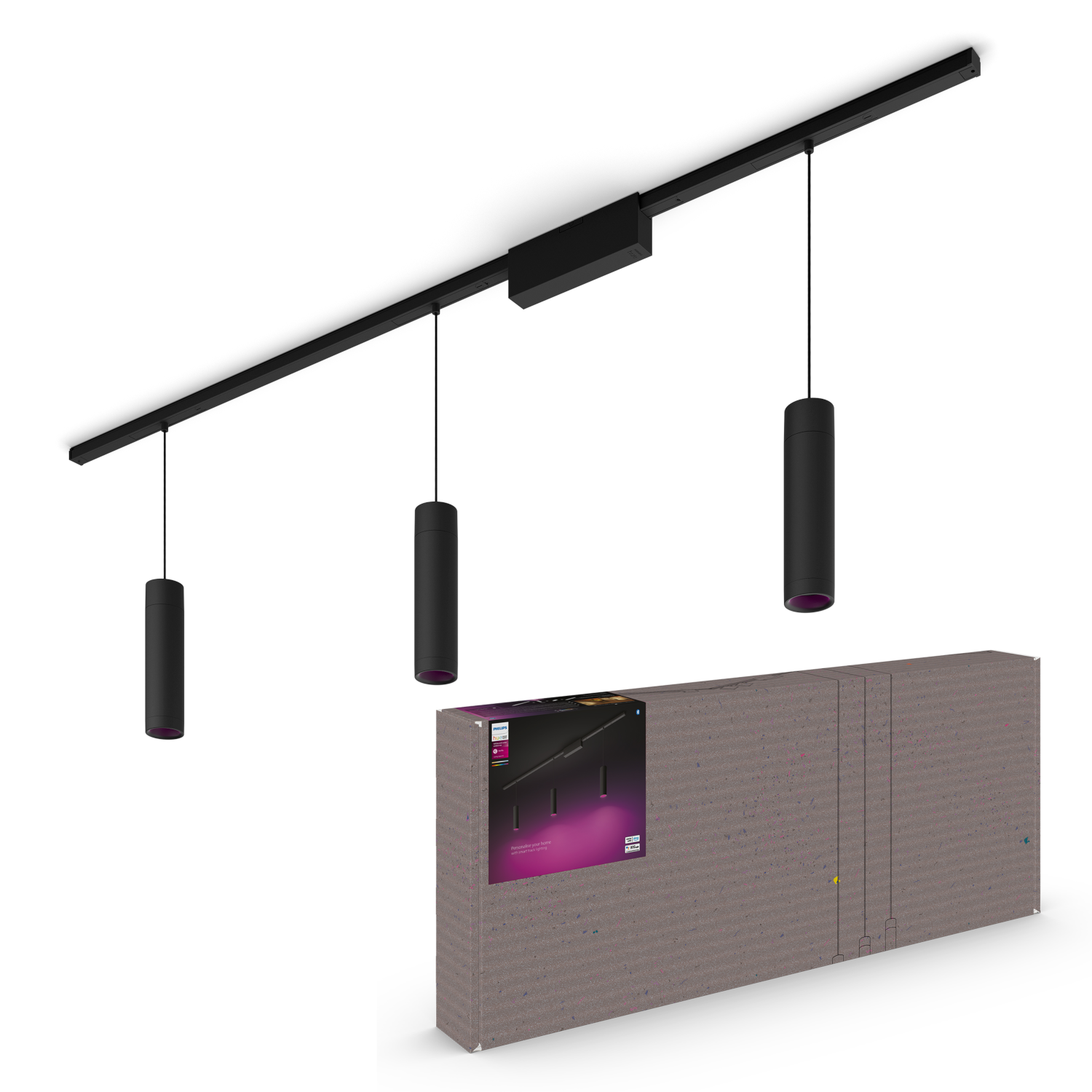 Czarny system oświetlenia szynowego z trzema cylindrycznymi światłami i pudełkiem.