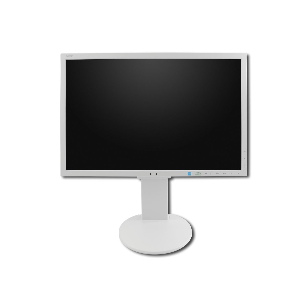Ein weißer Computermonitor mit schwarzem Bildschirm. Er steht auf einem weißen Ständer.