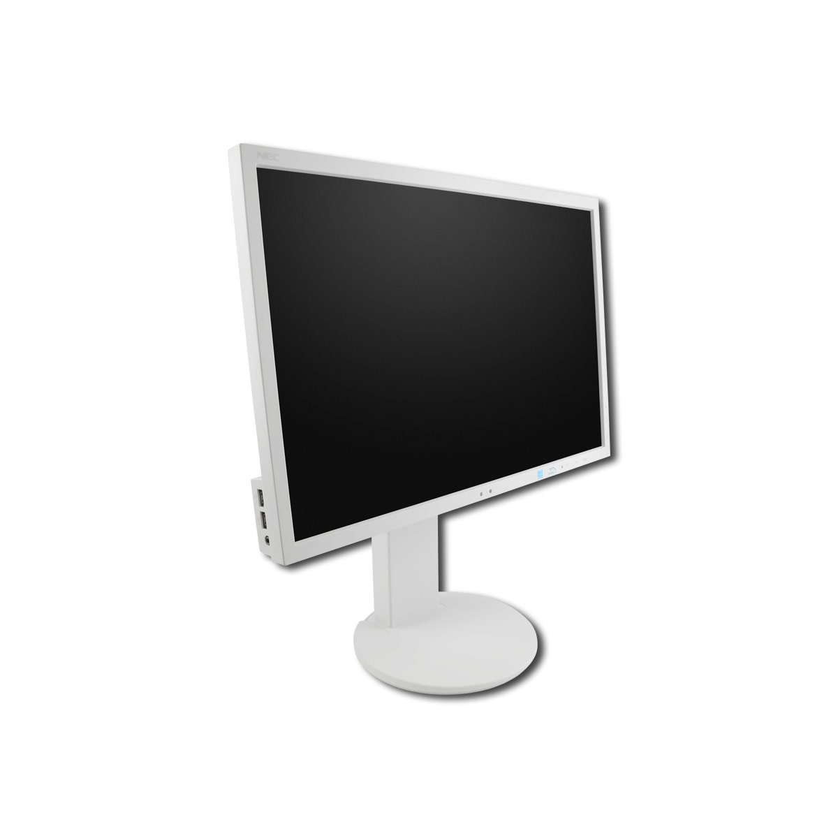 Ein weißer Computermonitor mit schwarzem Bildschirm vor weißem Hintergrund.