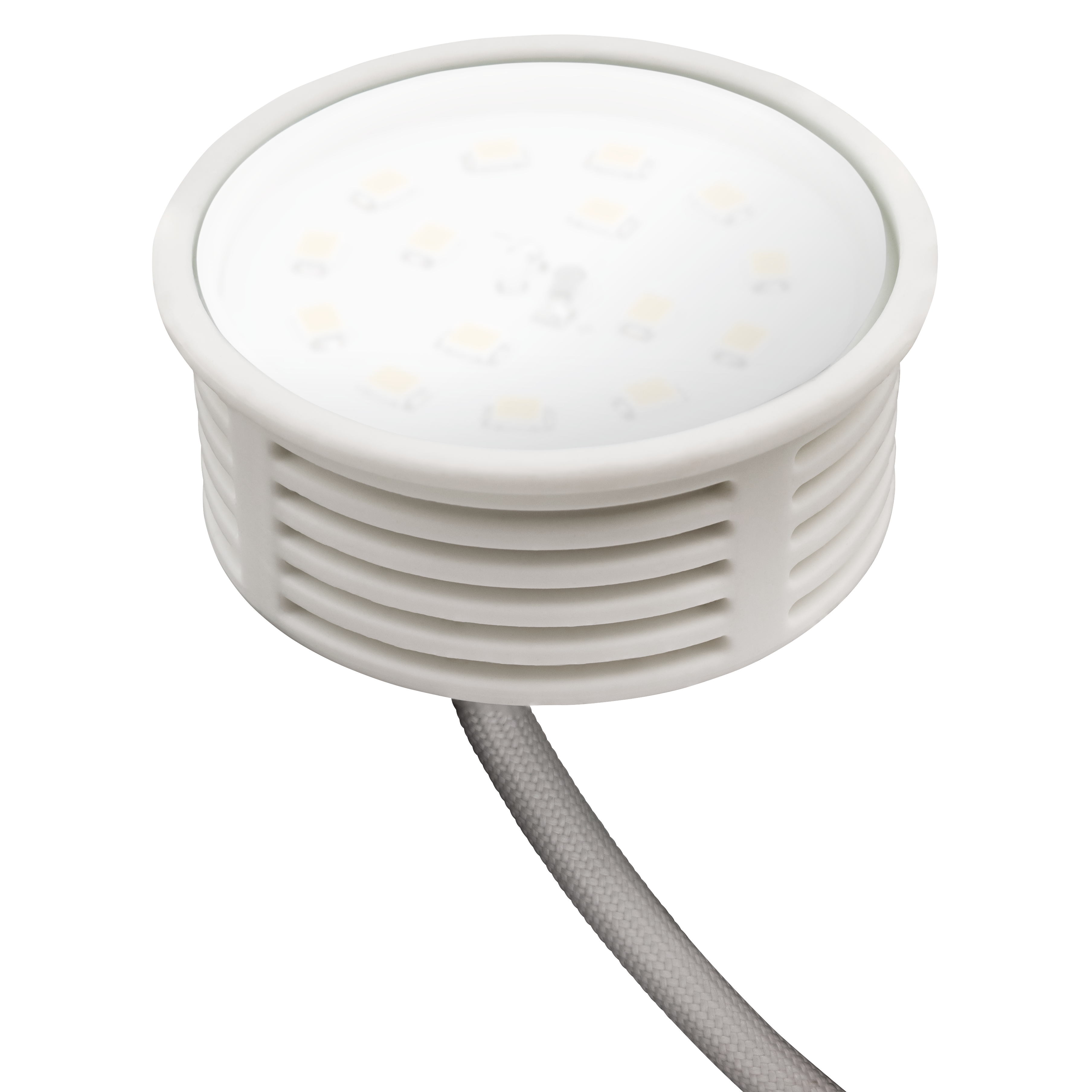 Weiße LED-Leuchte, zylindrische Form, mit grauem Kabel. Dunkler Hintergrund. Kleine LEDs sichtbar.
