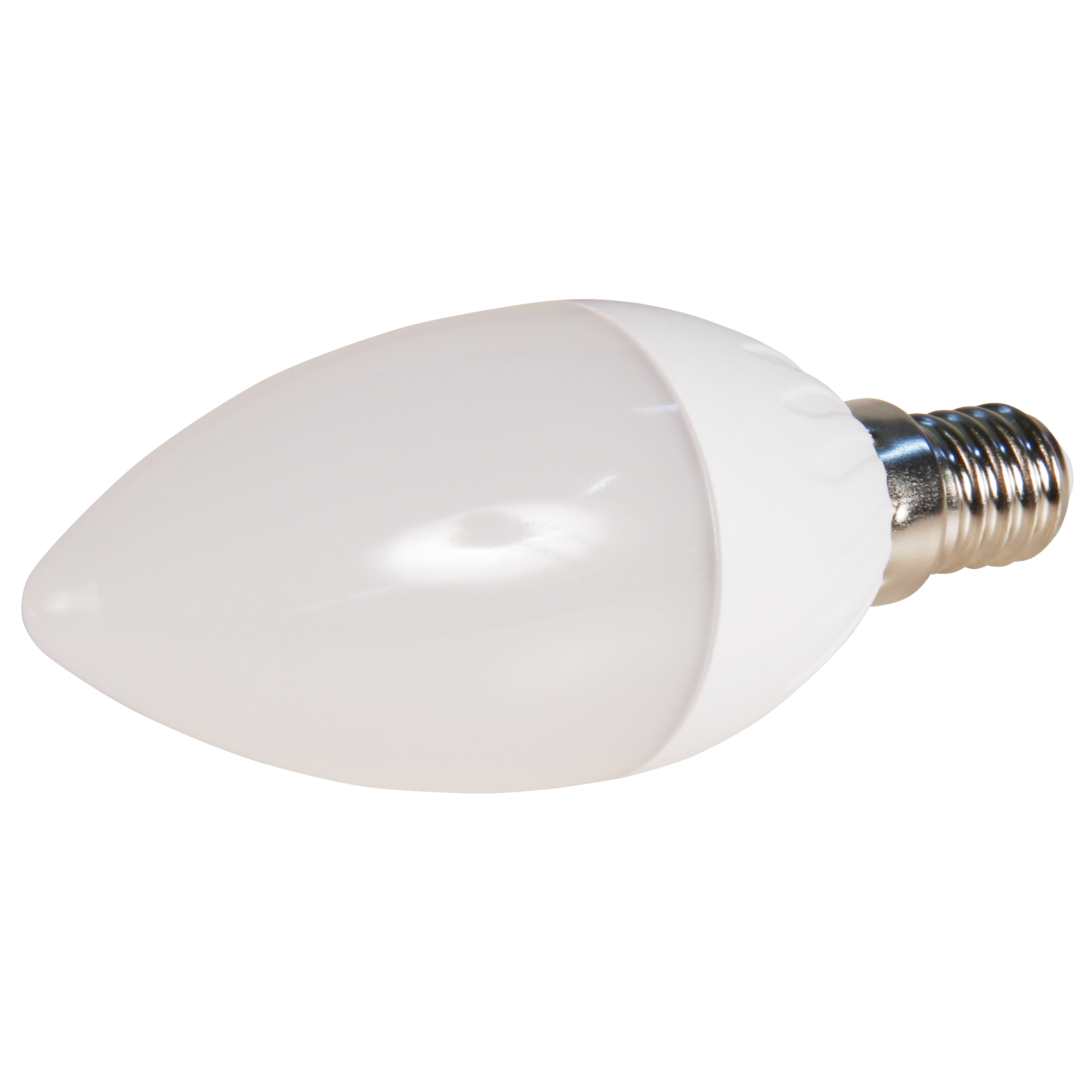 Weiße LED-Kerzenbirne mit silbernem Sockel auf schwarzem Hintergrund.