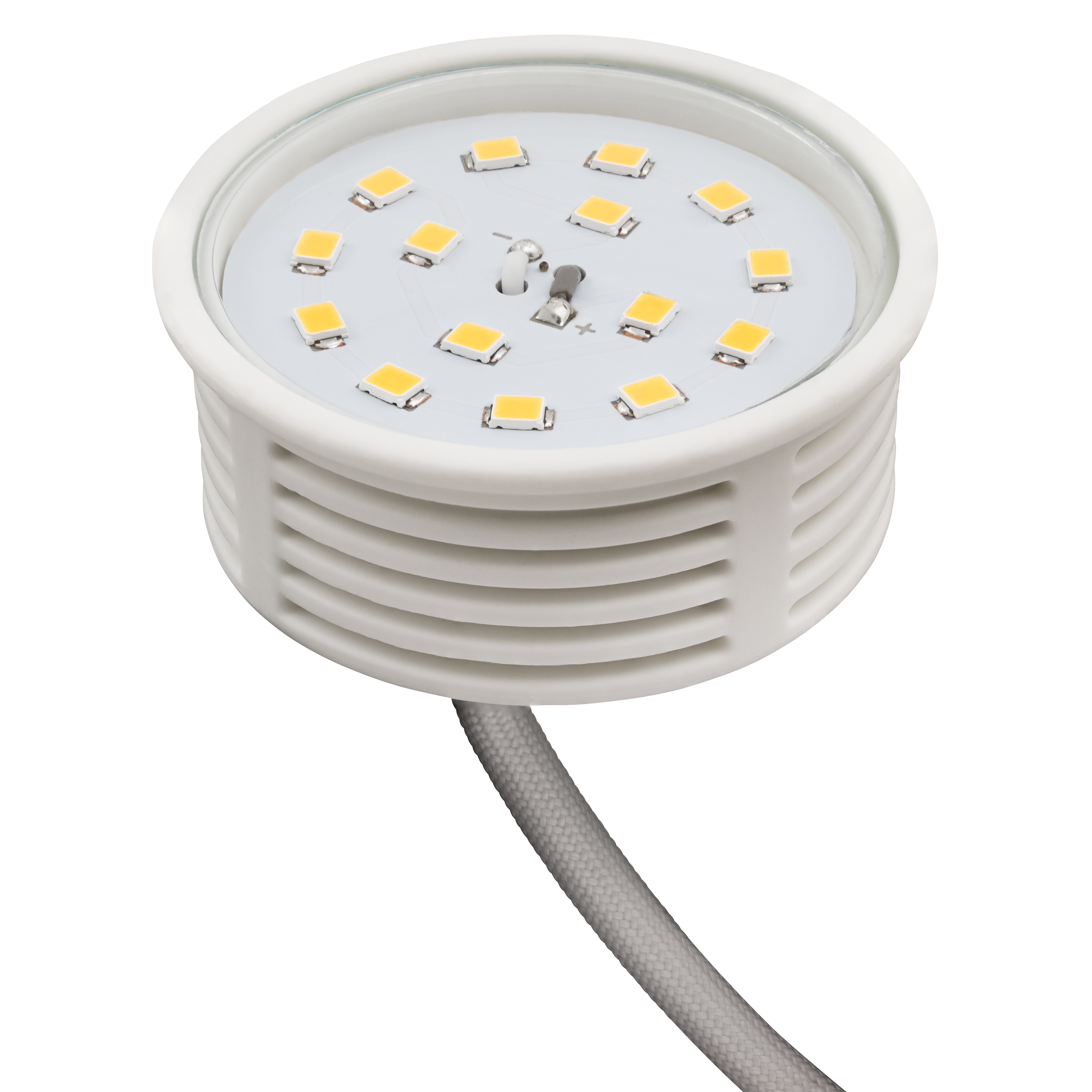 Eine weiße LED-Leuchte mit grauem Kabel. Die LED-Leuchten sind gelb.