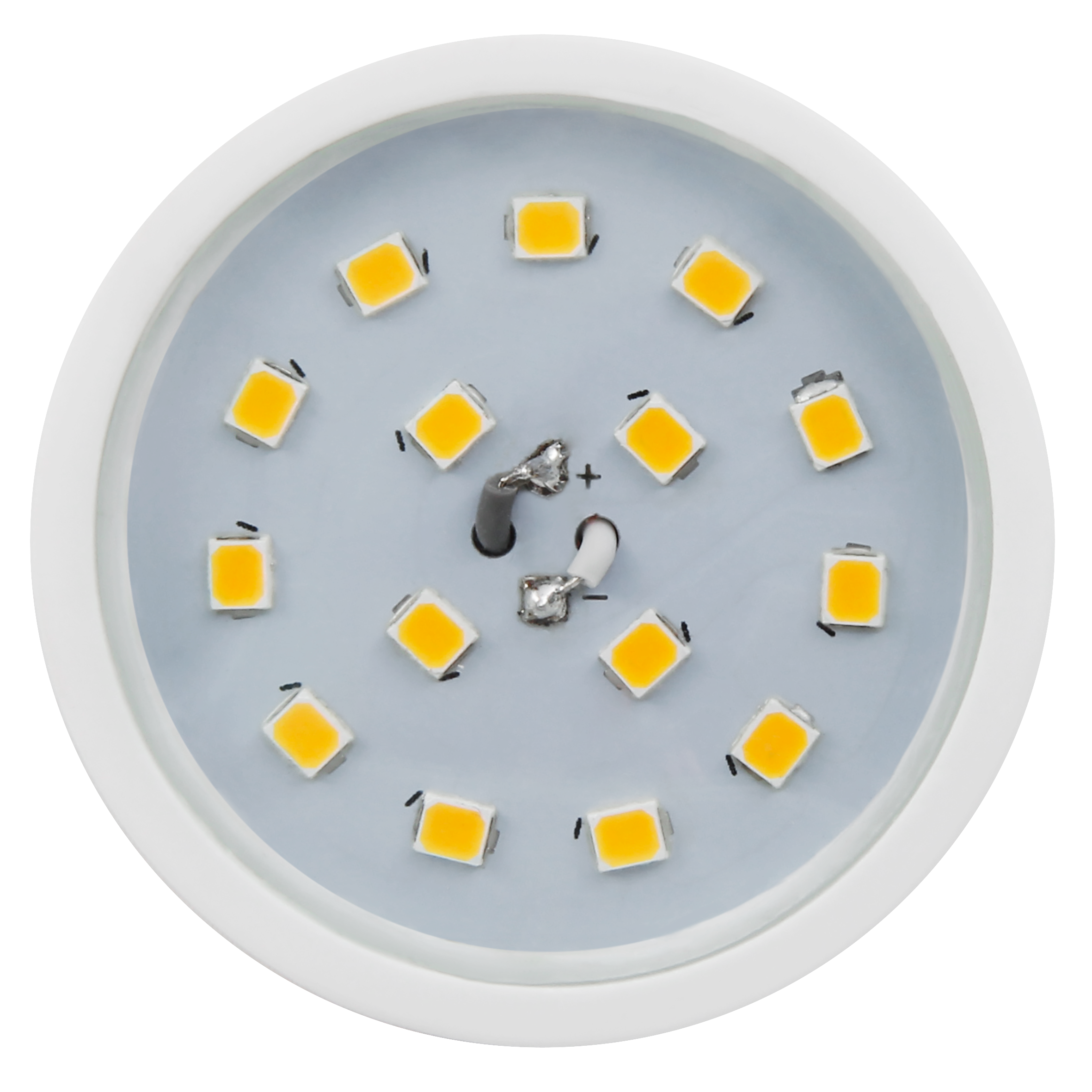 Eine Nahaufnahme einer Glühbirne, die die inneren Komponenten zeigt: LEDs und Drähte.