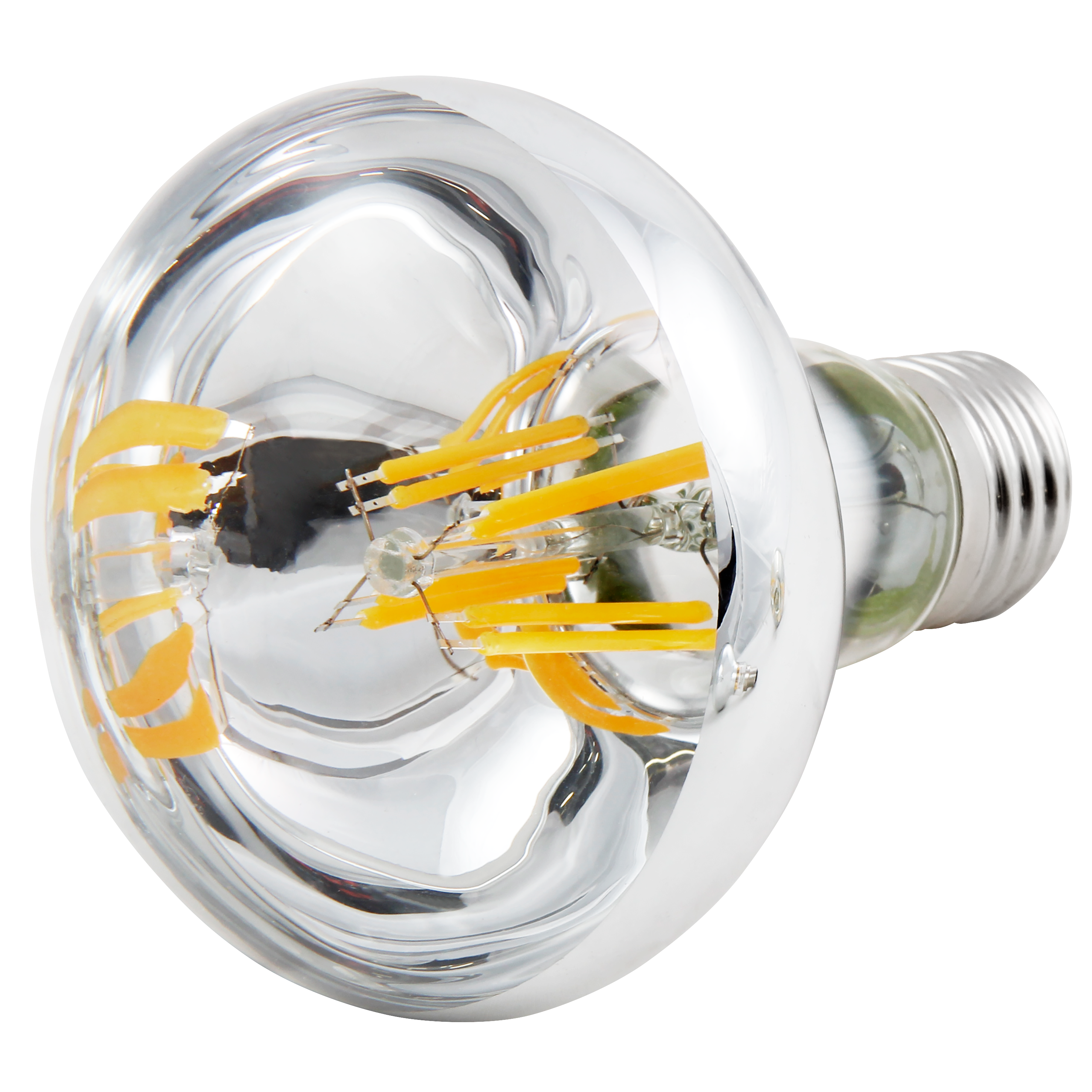 Nahaufnahme einer silbernen Glühbirne. Die Birne hat ein klares, glasartiges Gehäuse und orangefarbene, spiralförmige Filamente.