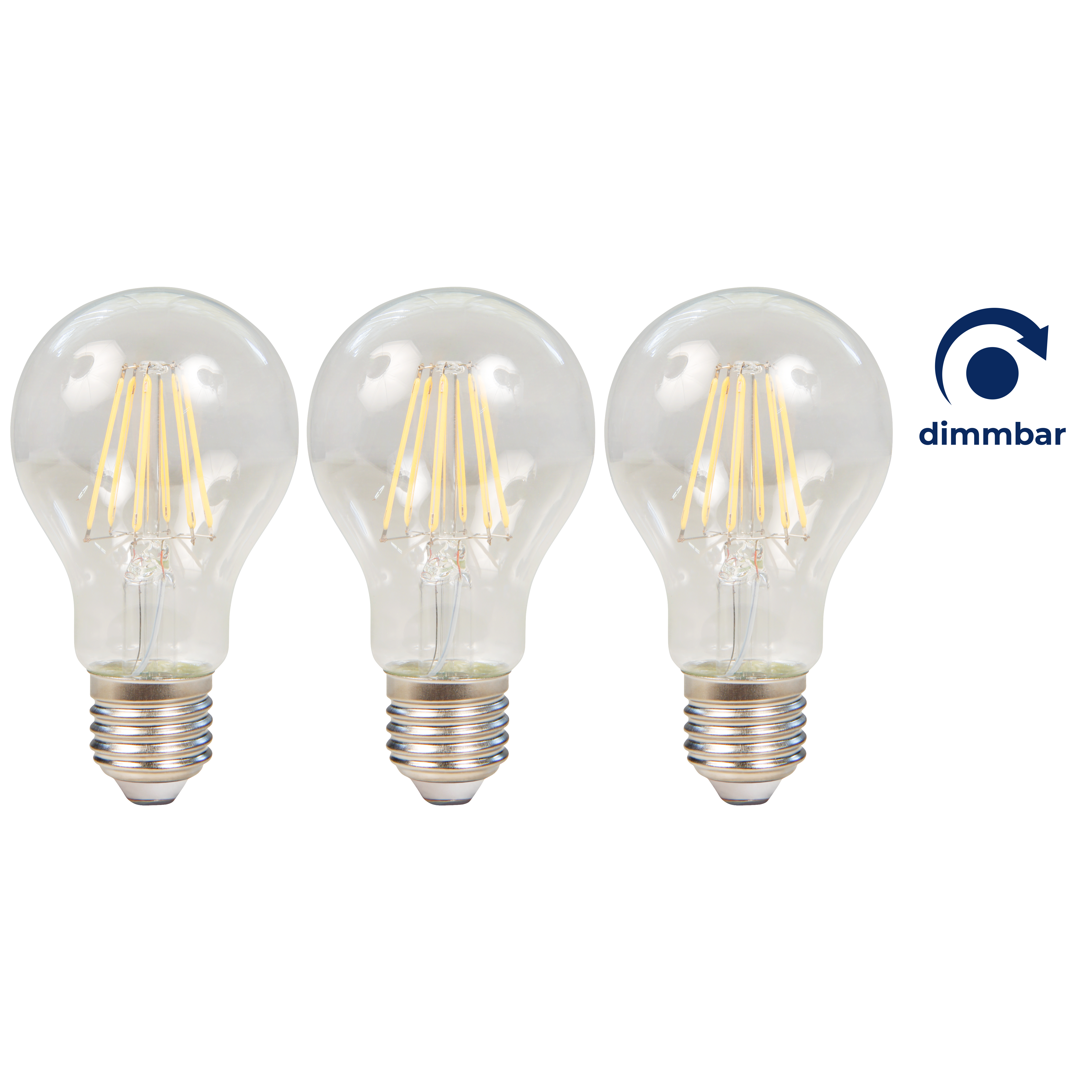 Drei klare Glühlampen mit einem dimmbaren Symbol auf schwarzem Hintergrund.