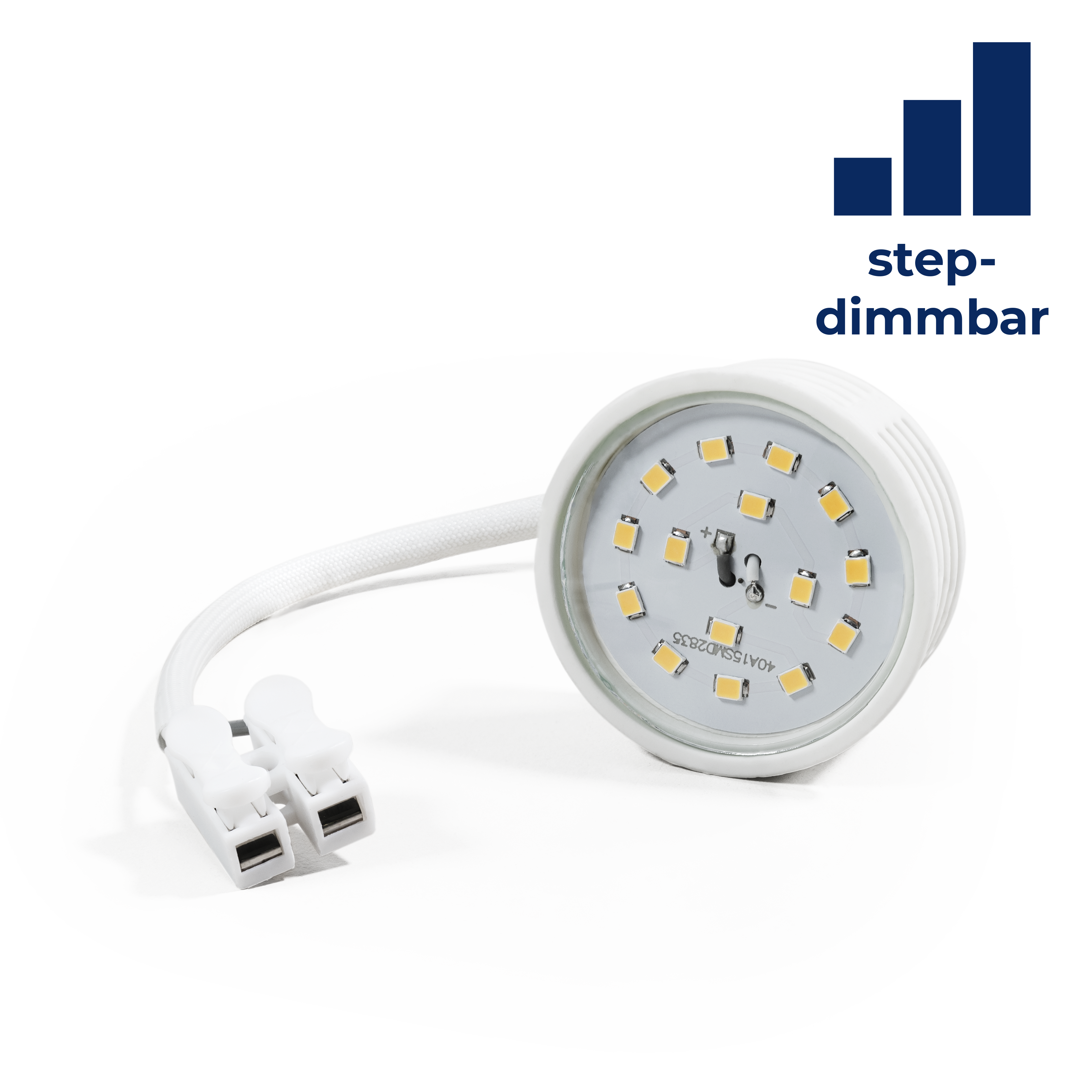 LED-Licht mit weißem Sockel und Verkabelung. Text 'Step-dimmbar' daneben. Auf weißer Oberfläche.