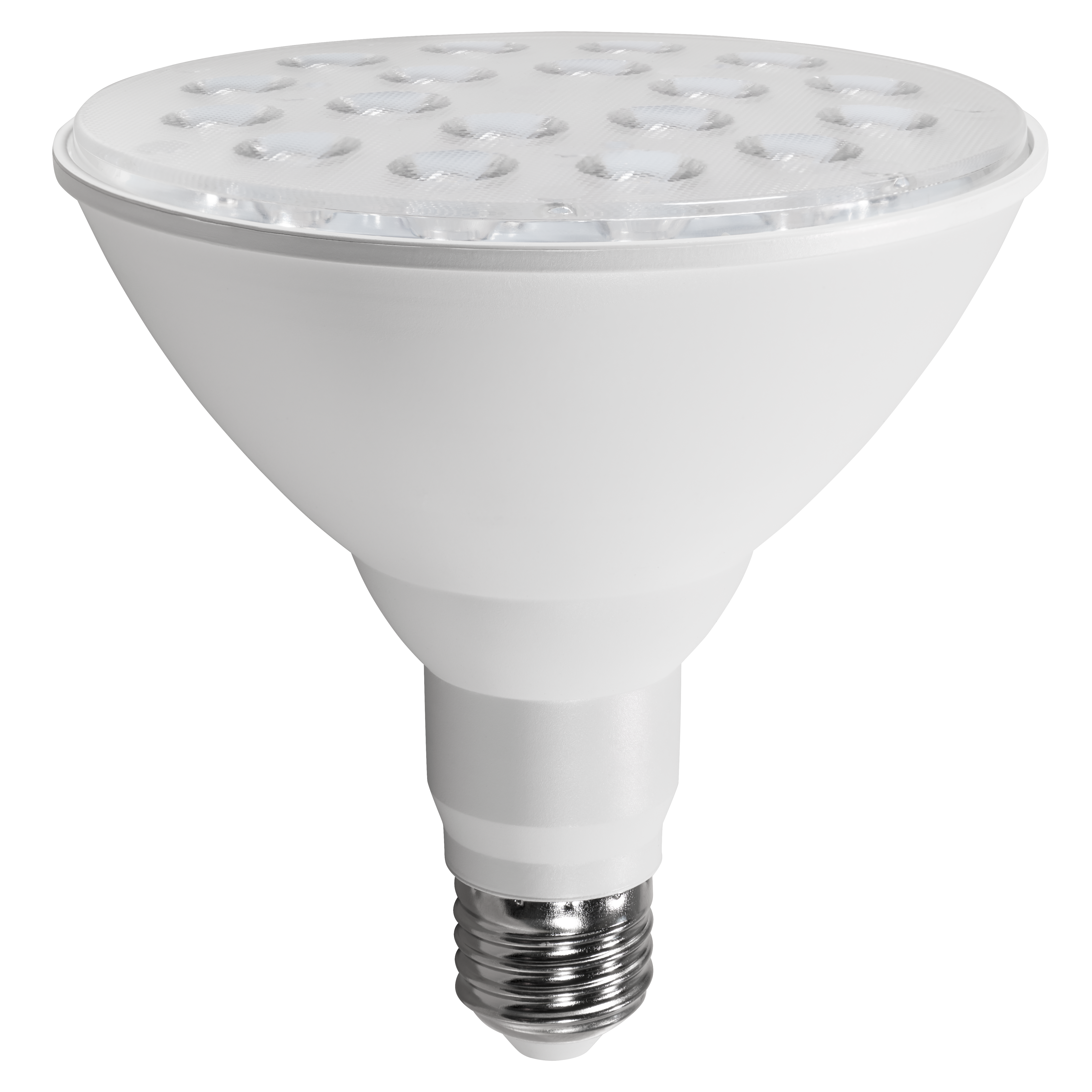 Weiße LED-Lampe mit silbernem Sockel, schwarzer Hintergrund.