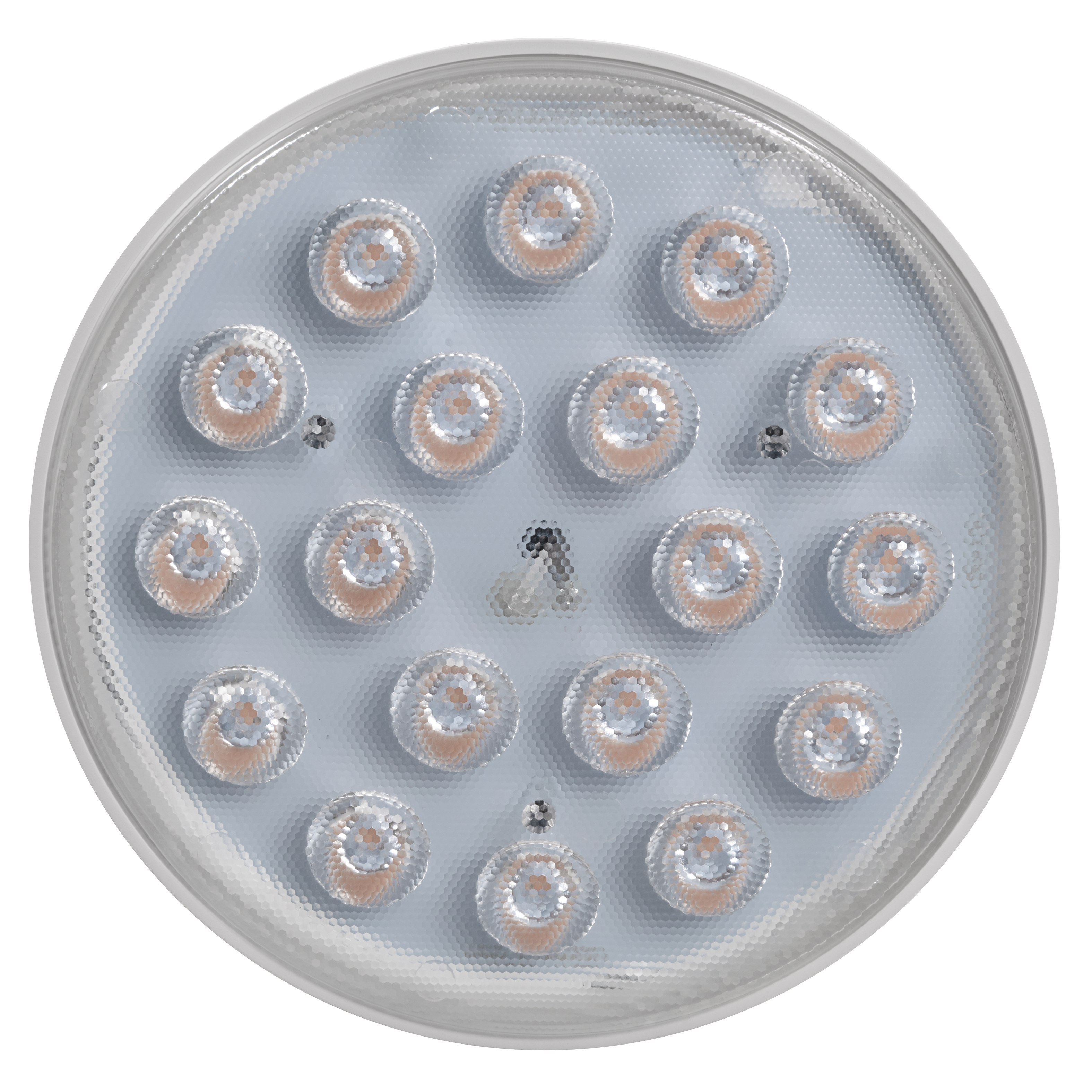 Runde LED-Leuchte mit mehreren kleinen Glühbirnen in einem transparenten Gehäuse, vor schwarzem Hintergrund.