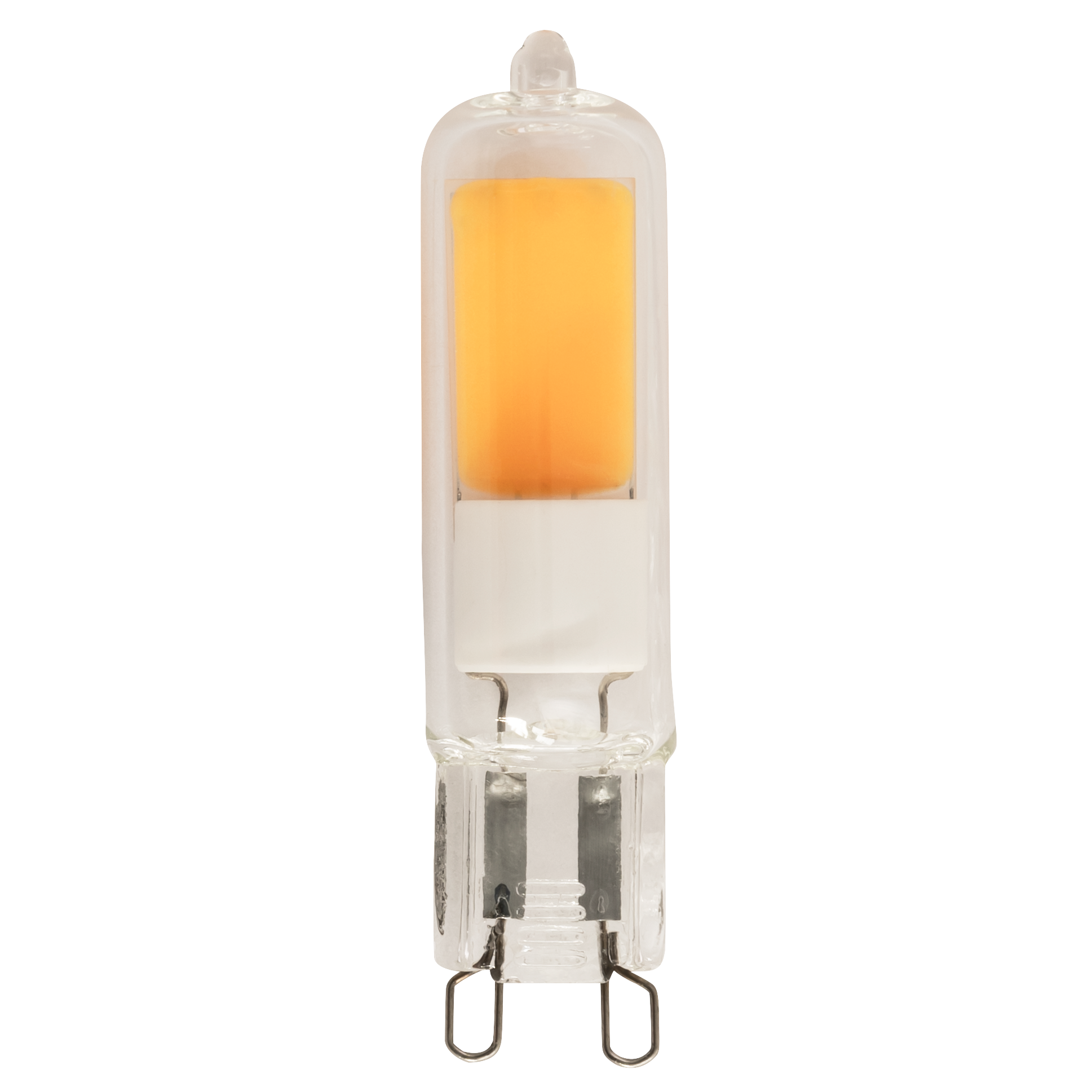Eine klare Glühbirne mit einer orangefarbenen Lichtquelle und Metallstiften.
