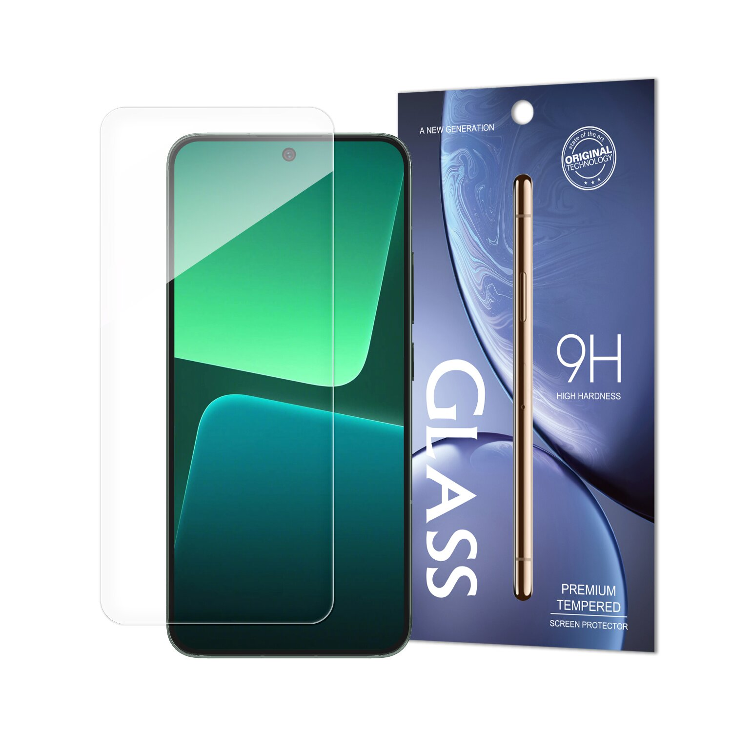 Handy-Displayschutz, Handy und Verpackung. Weißer Hintergrund.