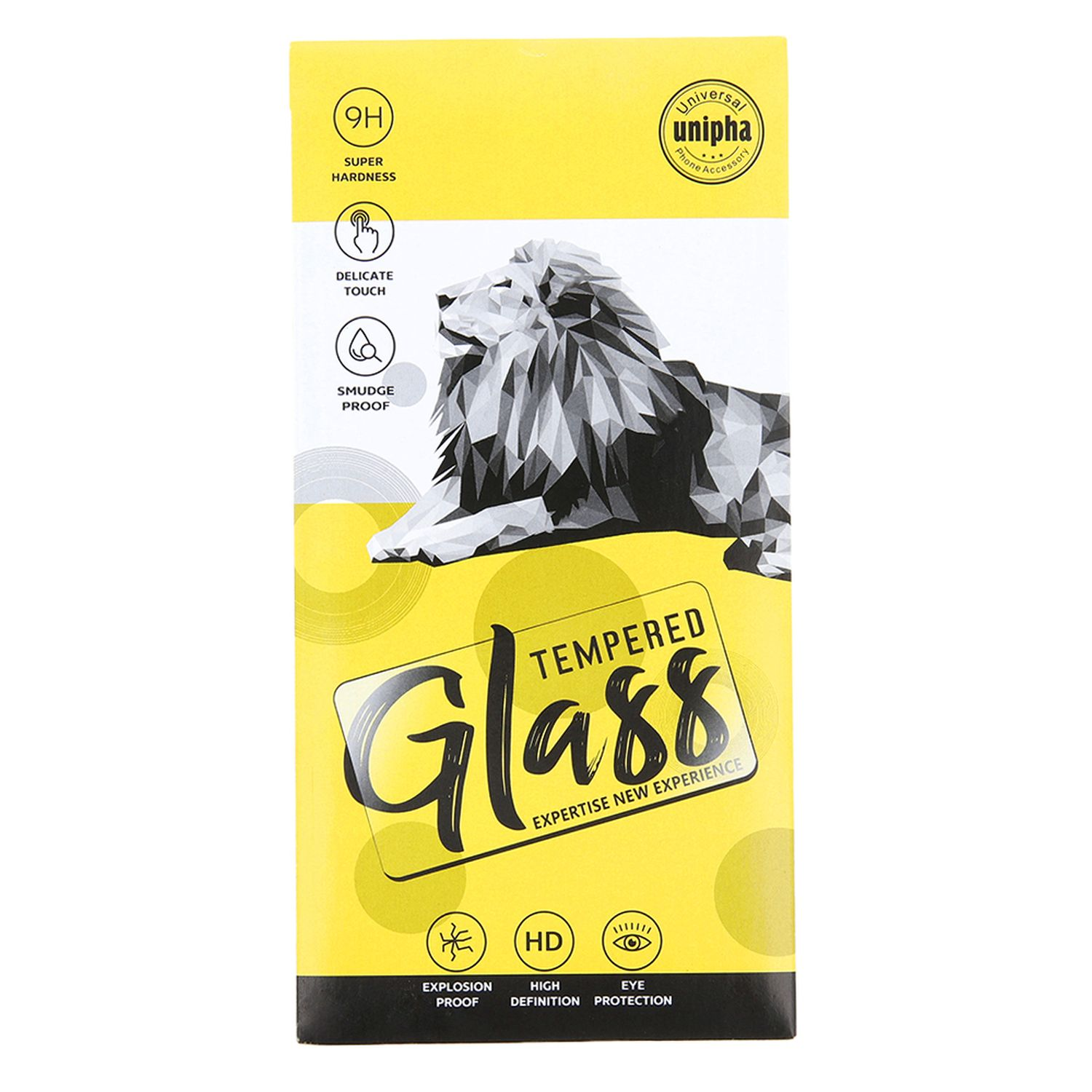 Gelbe Verpackung mit Löwenillustration. Text: Tempered Glass, HD und andere Symbole.