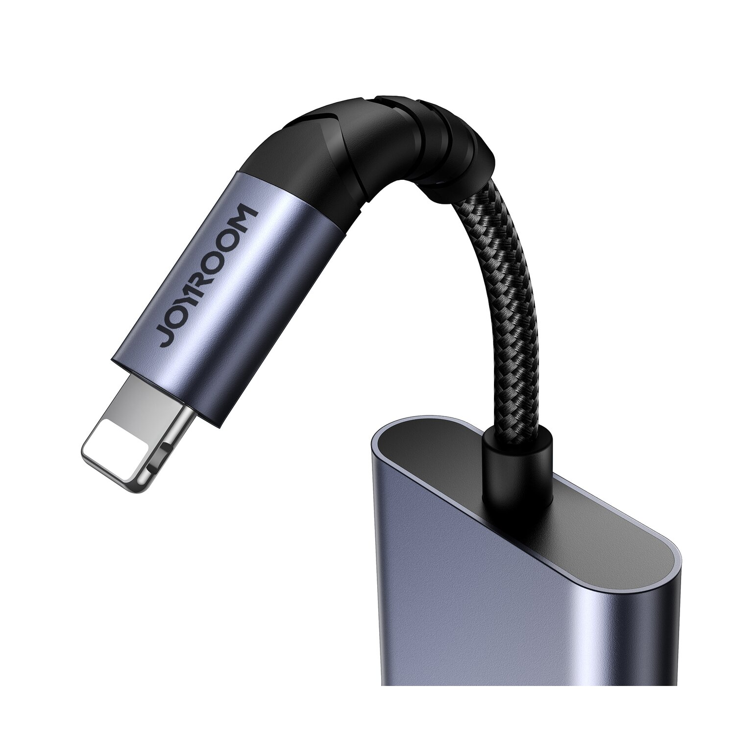 Un adattatore telefonico grigio e nero, con connettore Lightning e USB-C.