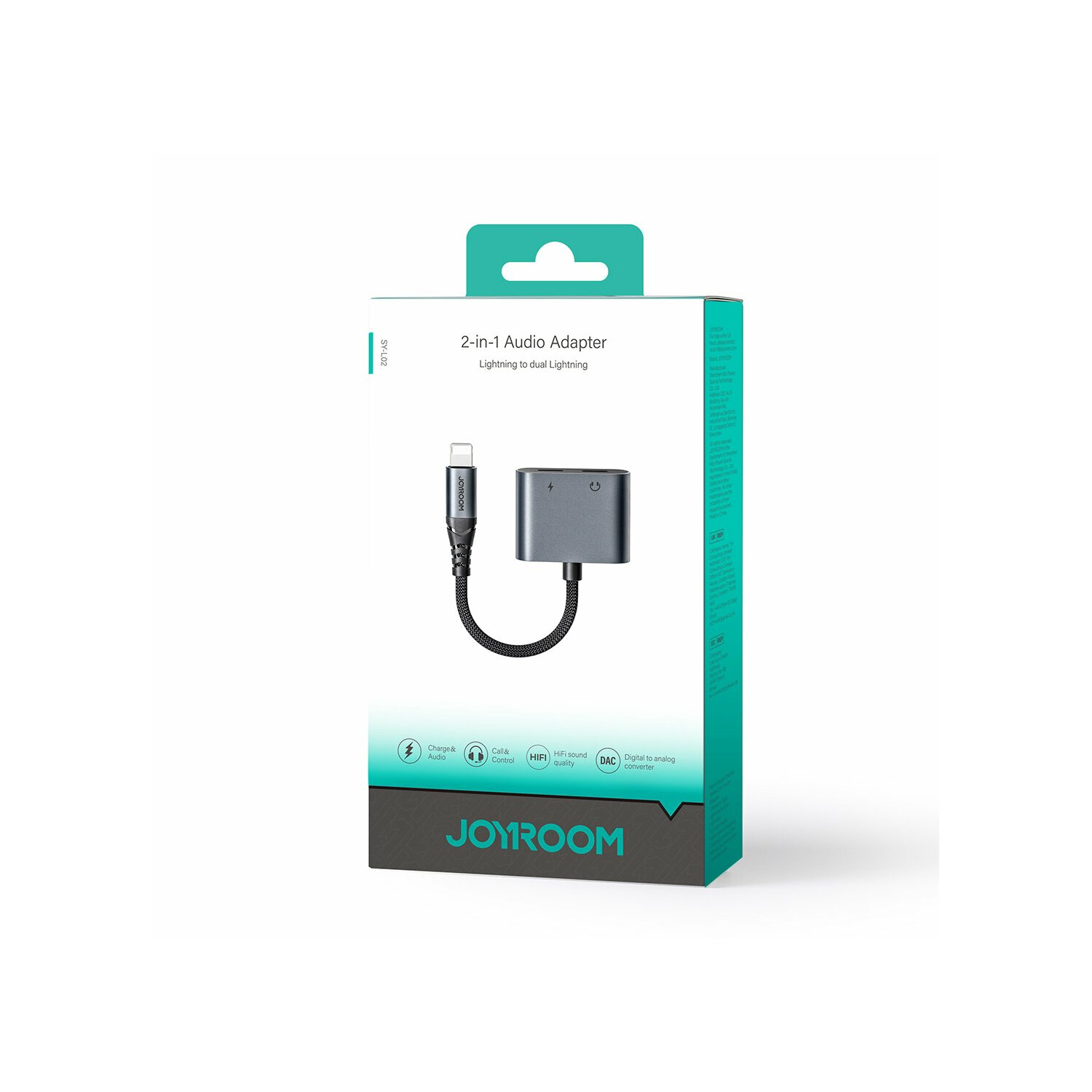 Scatola adattatore audio 2-in-1. È nera con cavo e connettore USB-C.