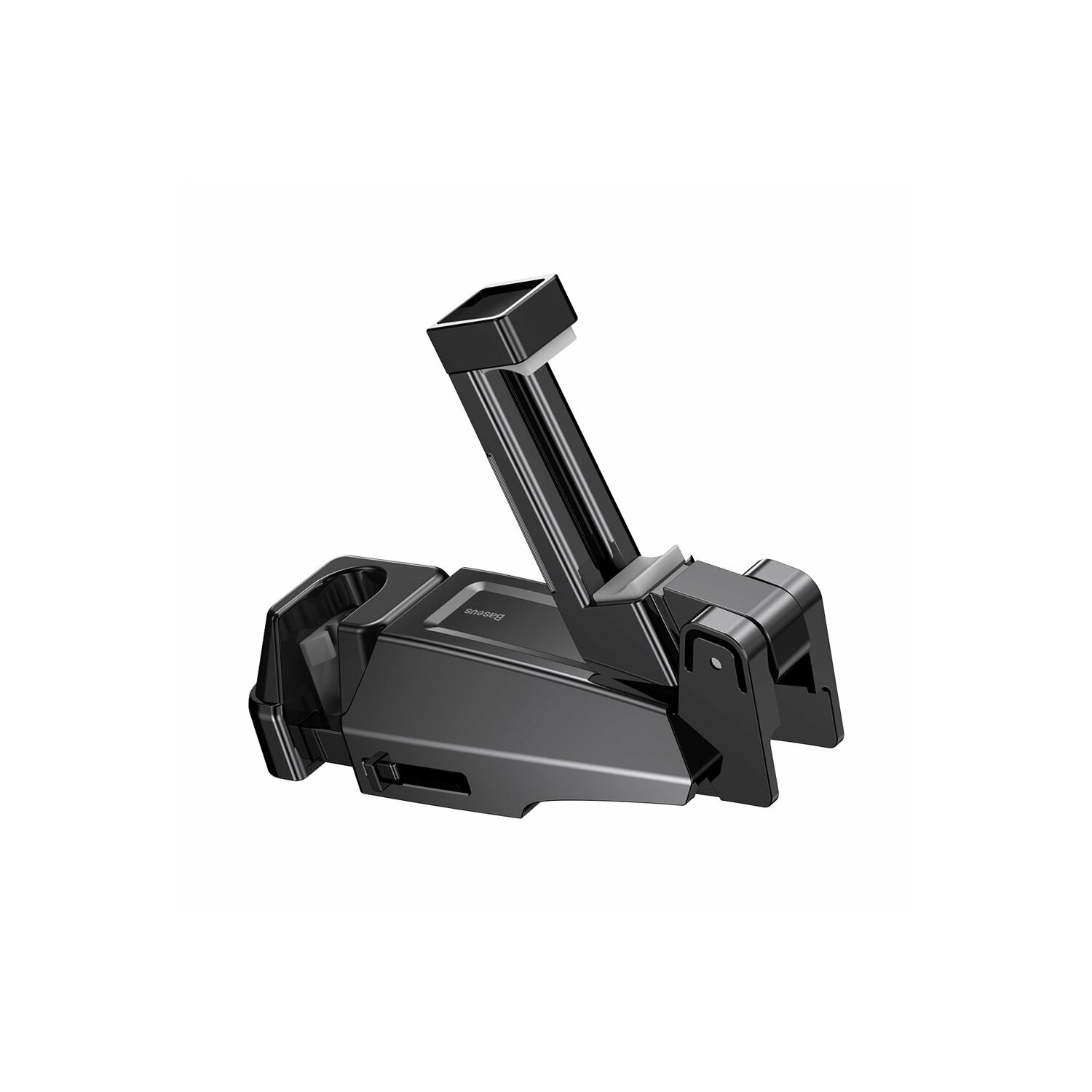 Czarny kontroler gier do telefonu. Wykonany z czarnego plastiku, zakrzywiony dla uchwytu i użytkowania.