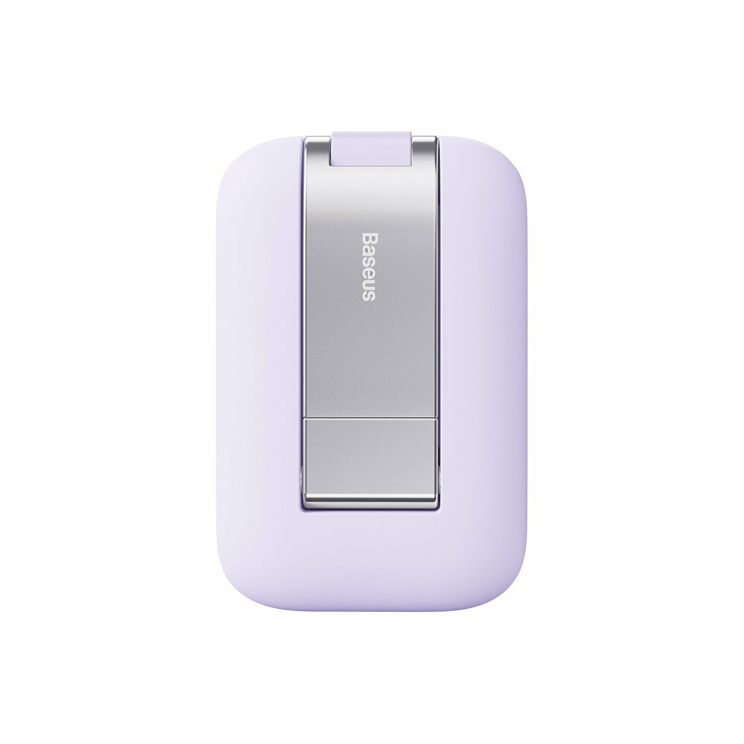 Paarse Baseus telefoonstandaard. Zilveren steunarm en Baseus logo. Witte achtergrond.