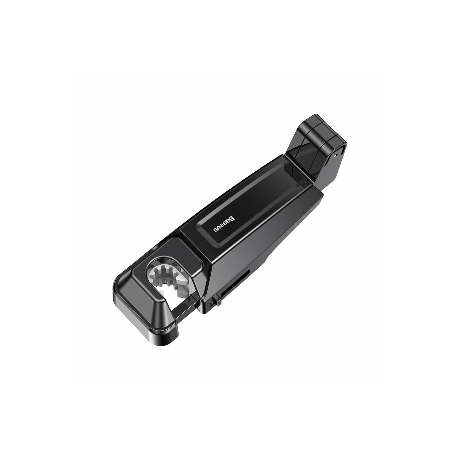Czarny i srebrny uchwyt na telefon z napisem „Baseus”, na białym tle.