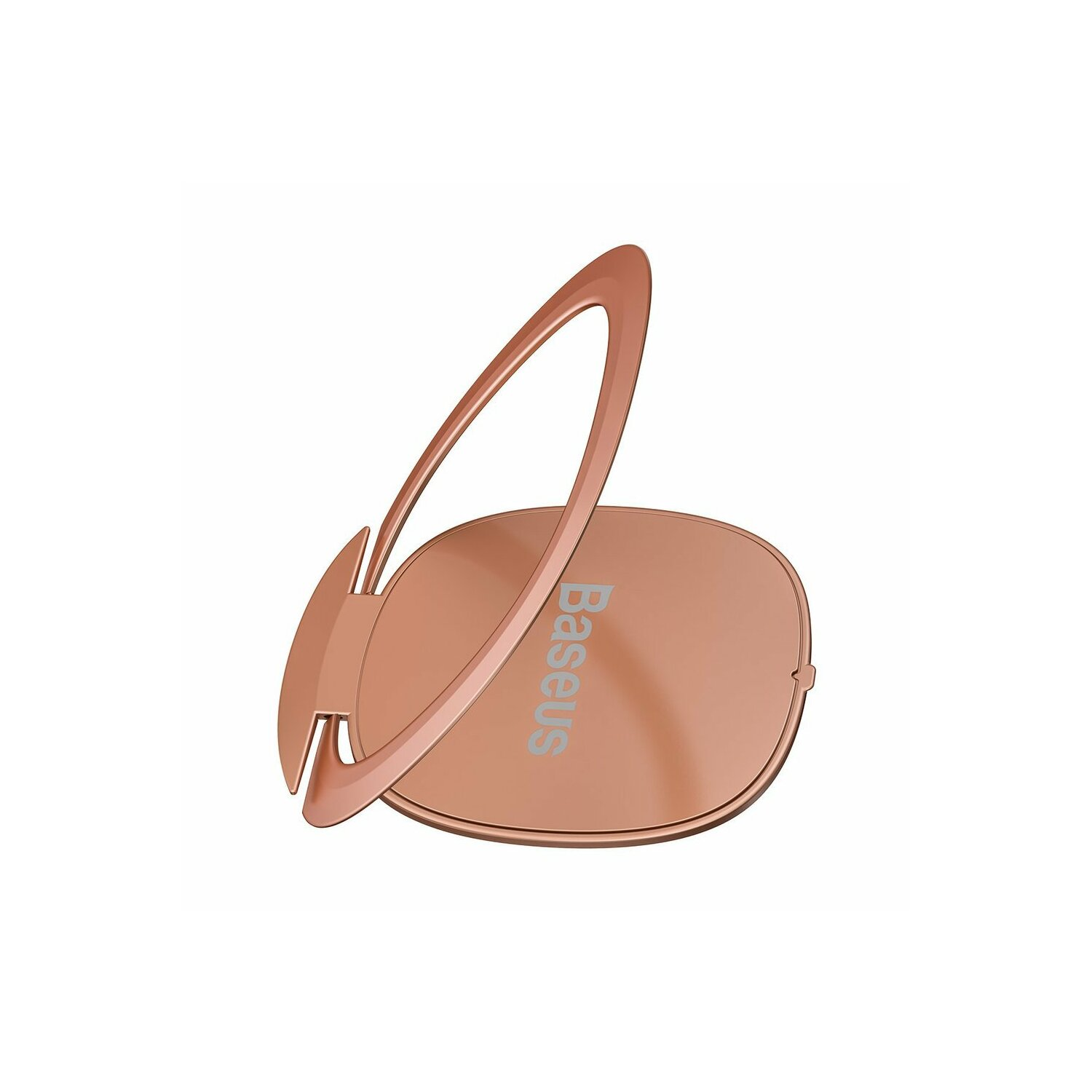 Uchwyt na pierścień do telefonu w kolorze różowego złota w pozycji otwartej, z logo Baseus.
