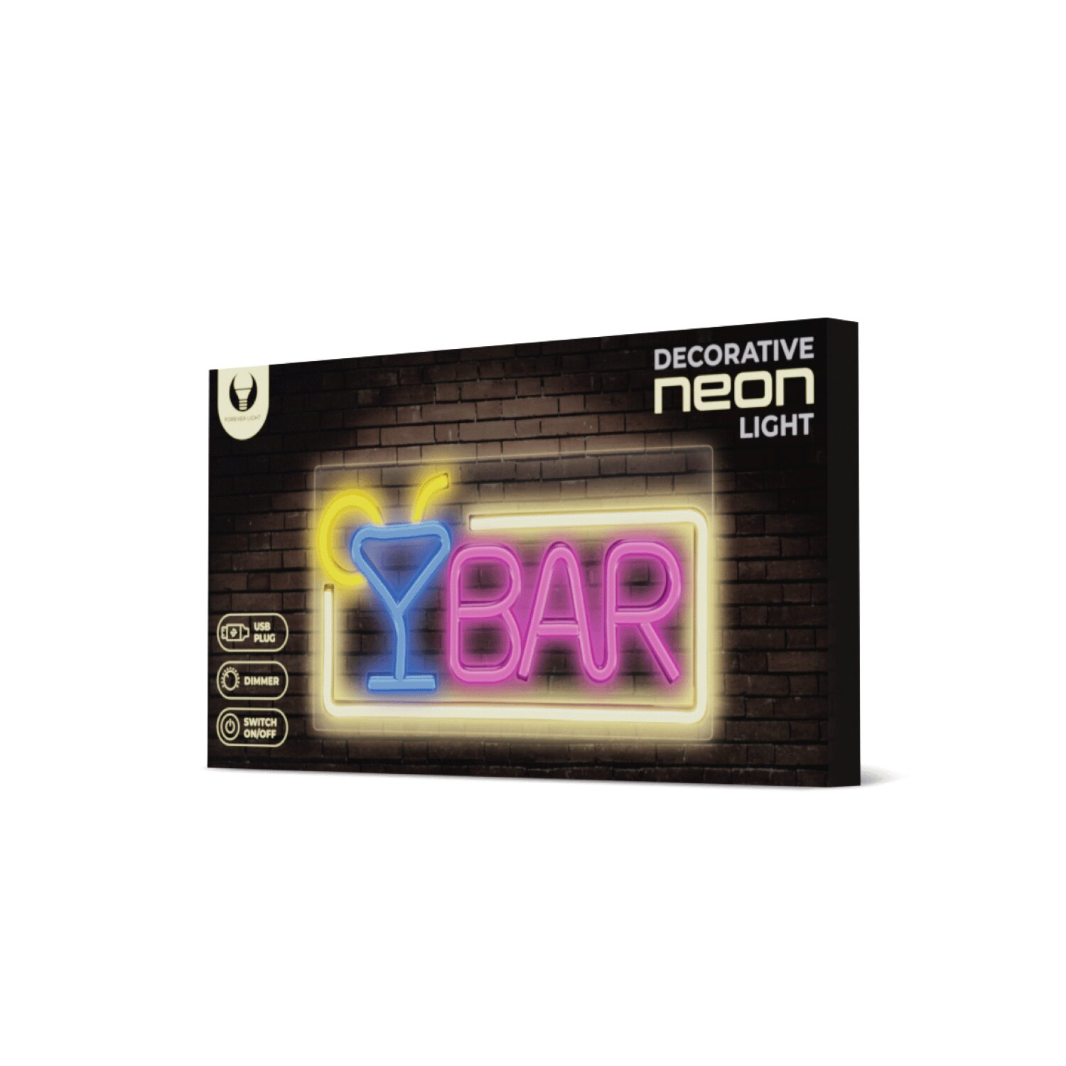 Letrero de neón de bar en pared de ladrillo. El letrero dice 'BAR' y muestra una copa de cóctel. Marco negro.