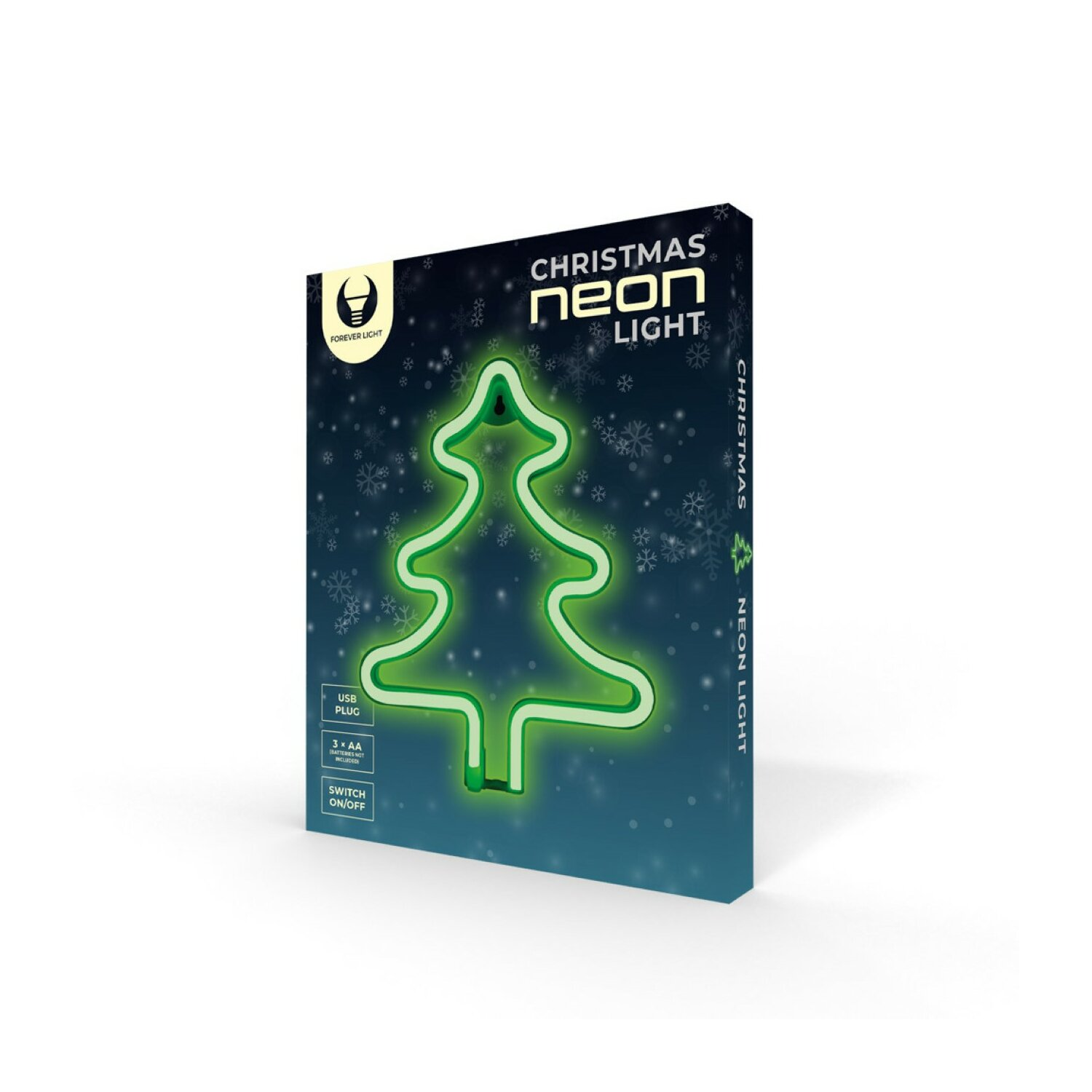 Una luce al neon natalizia in una scatola con un design ad albero verde.