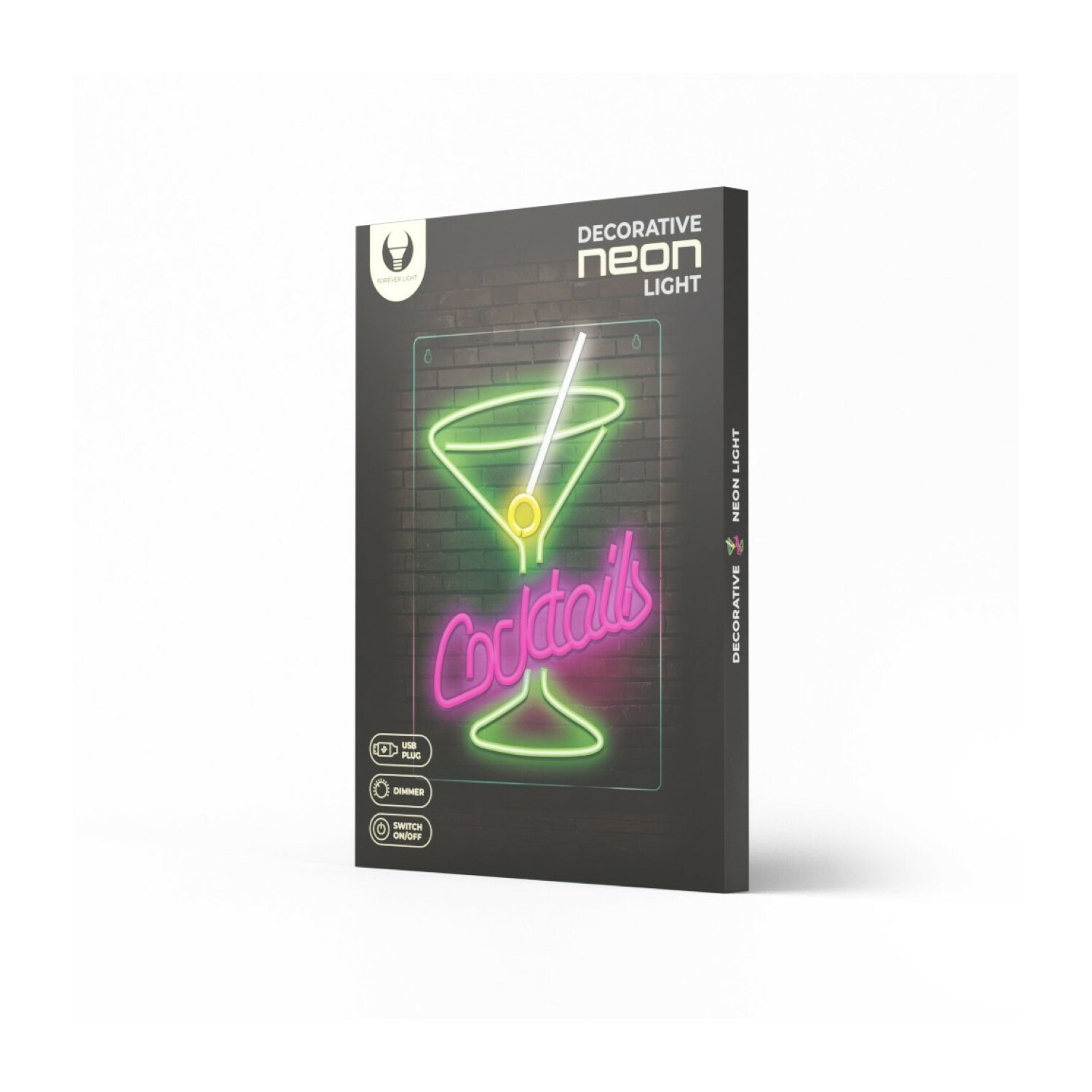 Neonschild in einer Box, mit einem Neon-Cocktailglas.