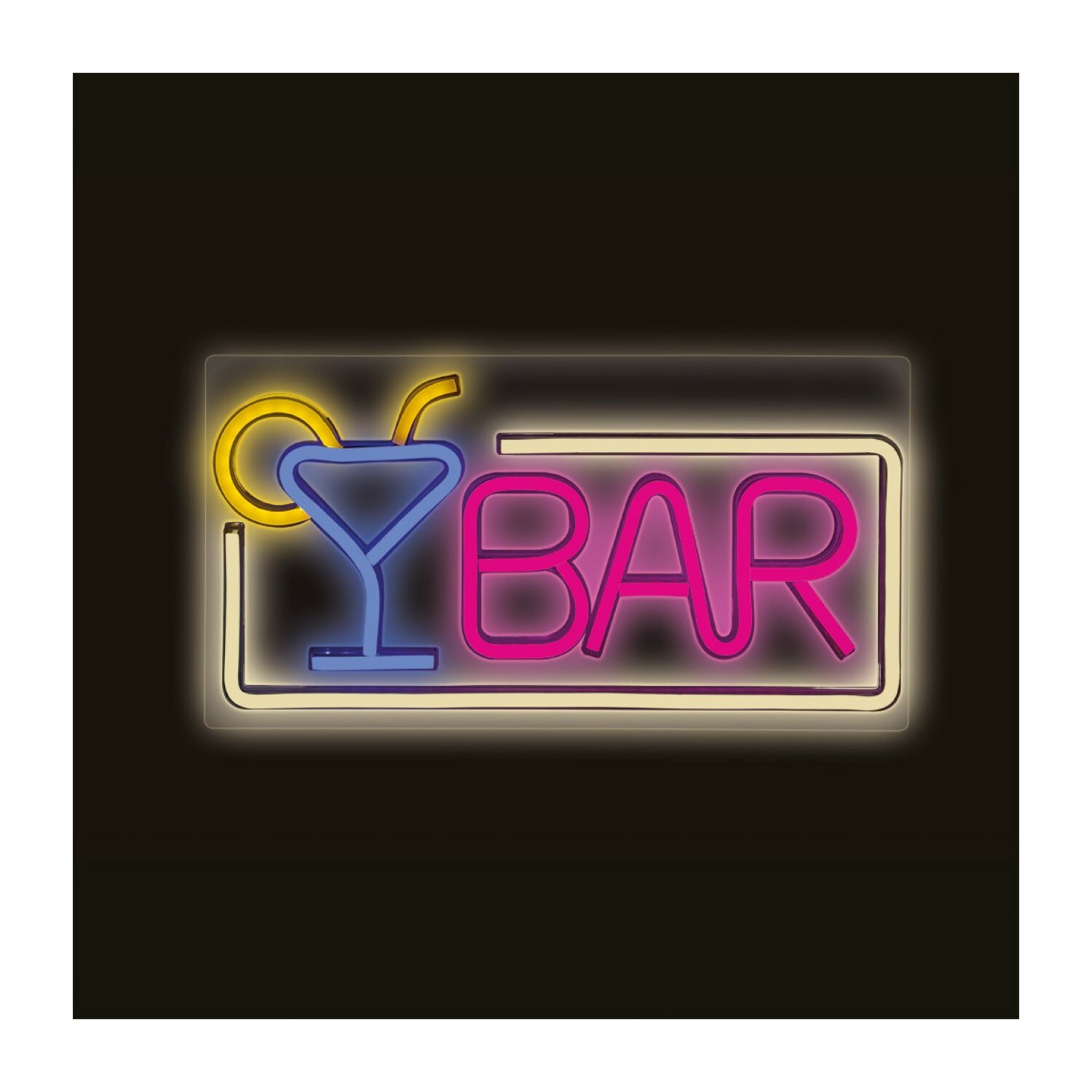 Letrero de neón para un bar, con una copa de cóctel y la palabra 'BAR'.