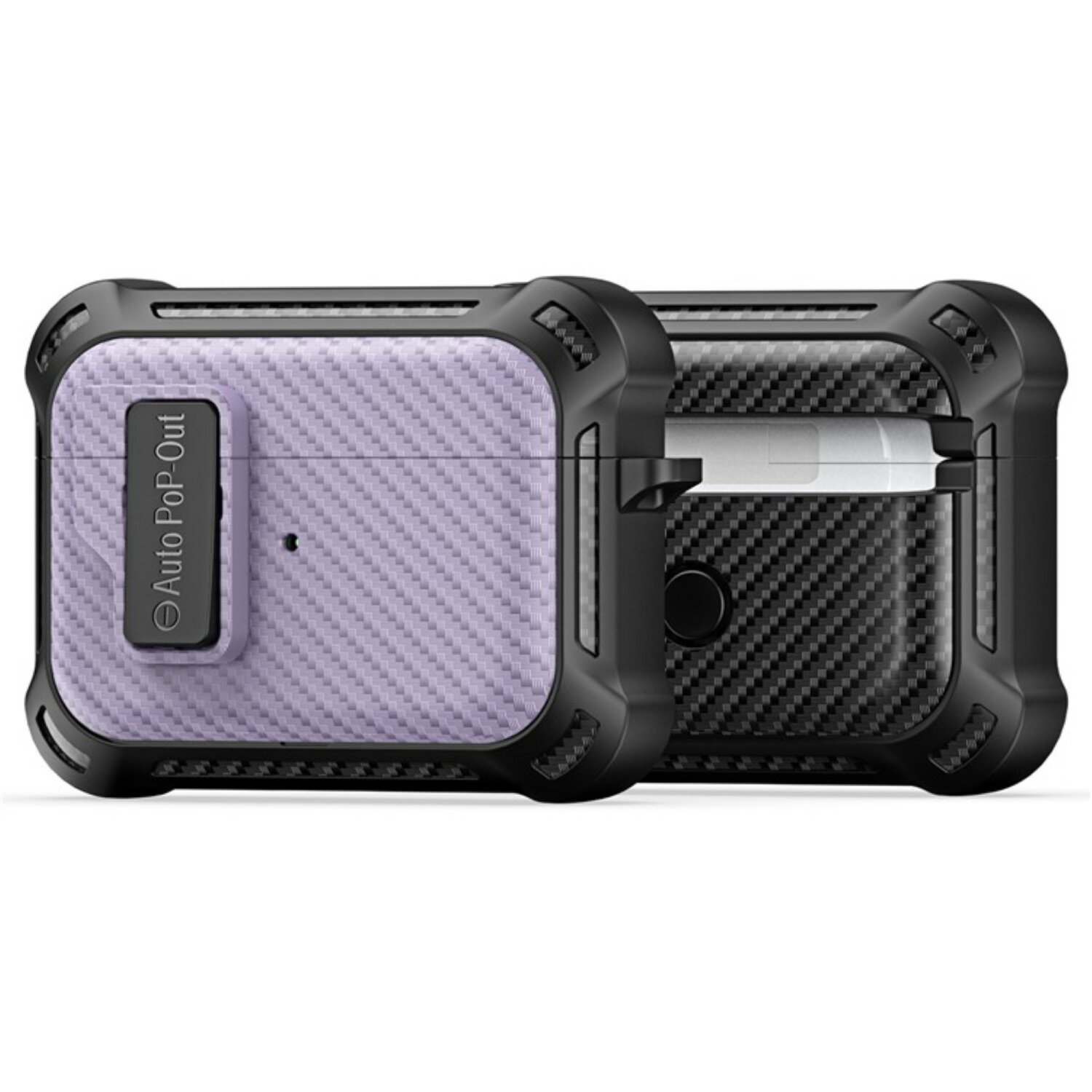 Kopfhörer-Etui mit zwei Abschnitten. Einer ist lila, der andere ist schwarz. Text 'Auto Pop-Out' sichtbar.