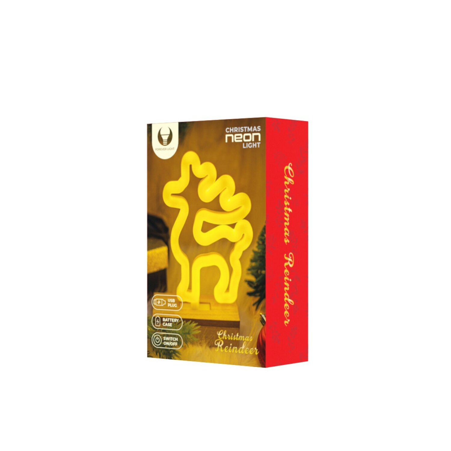 Weihnachts-Neon-Rentier-Licht in einer Box. Rote Box mit gelber Neon-Rentierfigur.