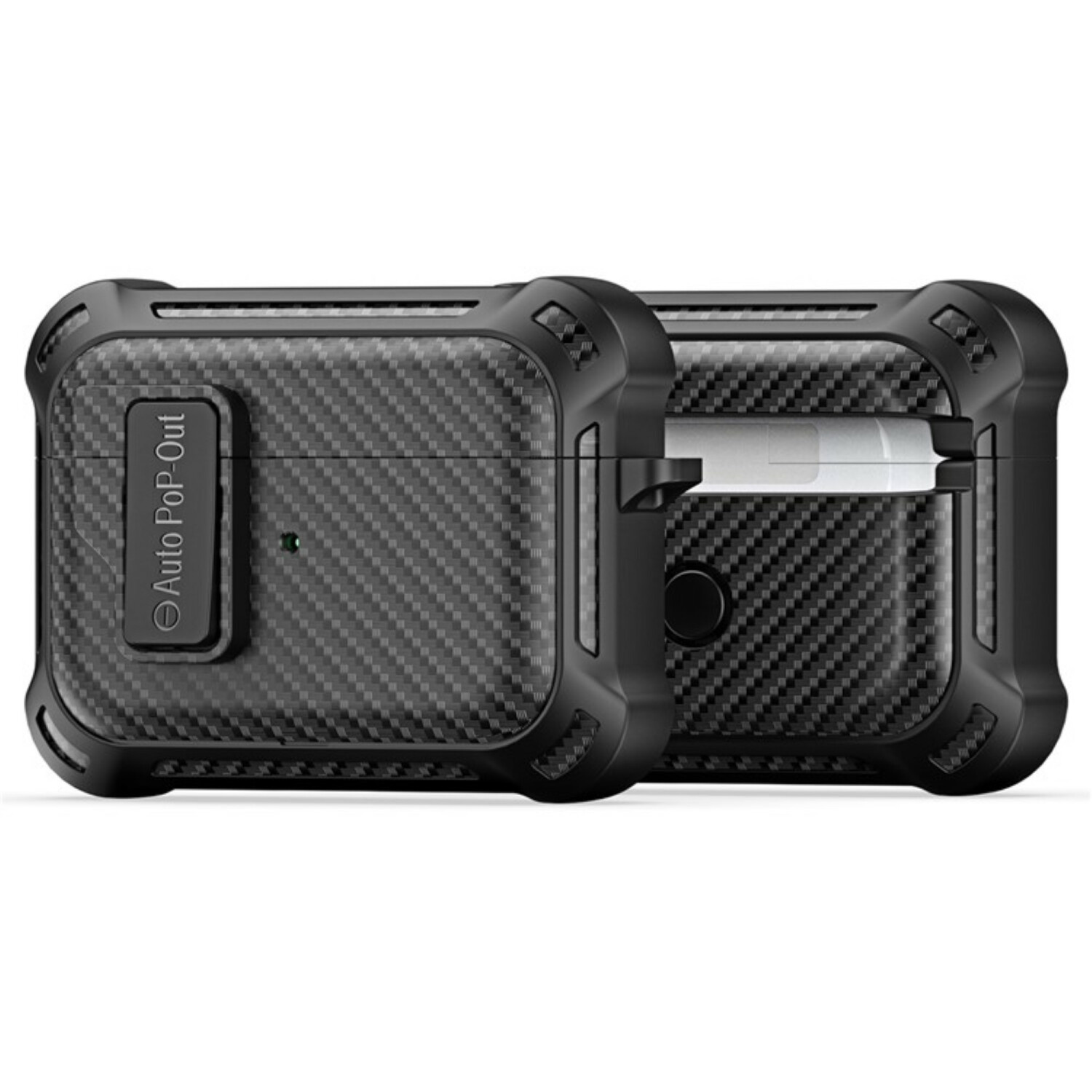 Schwarzes AirPods-Etui mit Carbonfaser-Textur. Es hat einen Knopf und einen Deckel. Weißer Hintergrund.