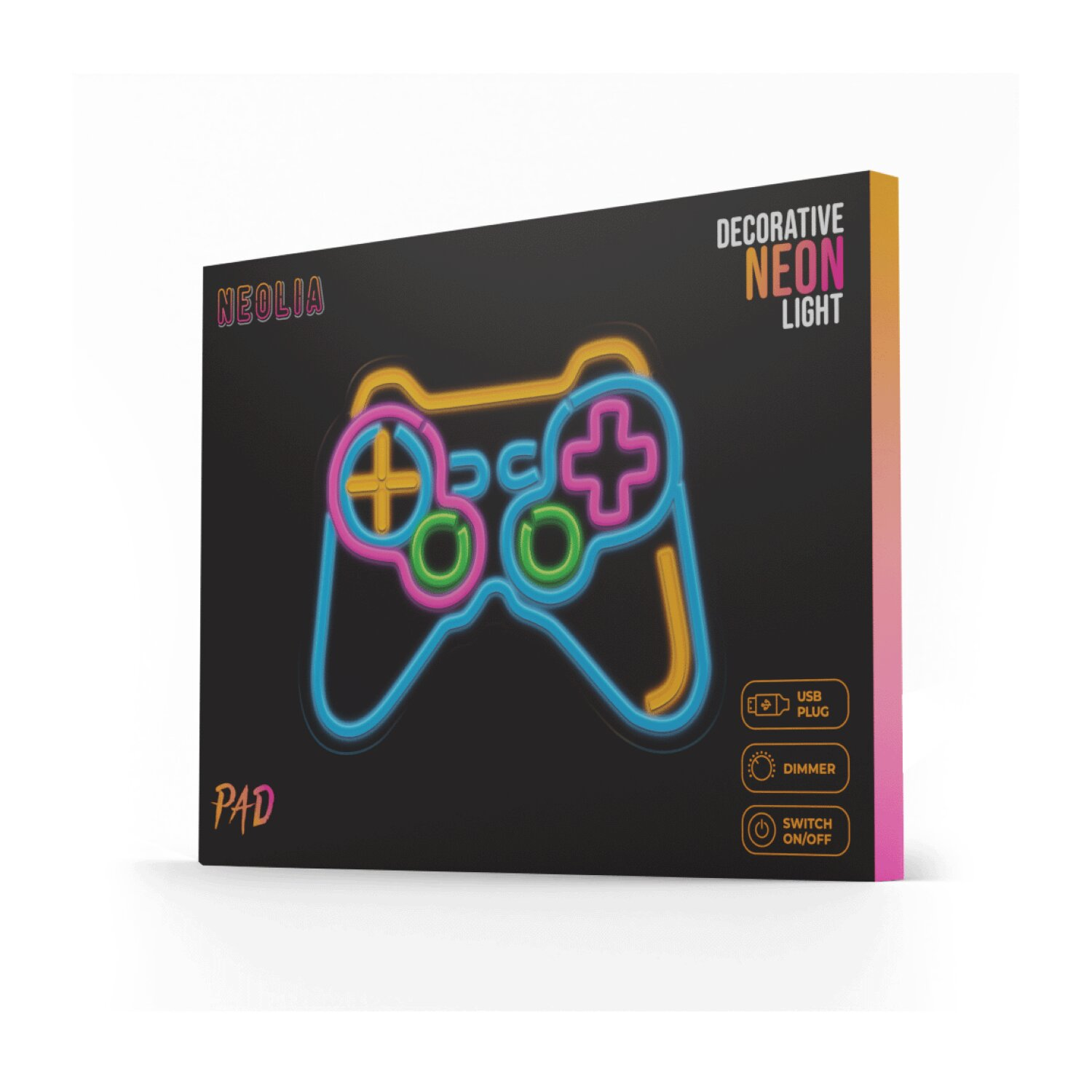 Verpacktes Neonlicht in Form eines Gamecontrollers mit schwarzem Hintergrund und bunten Lichtern.