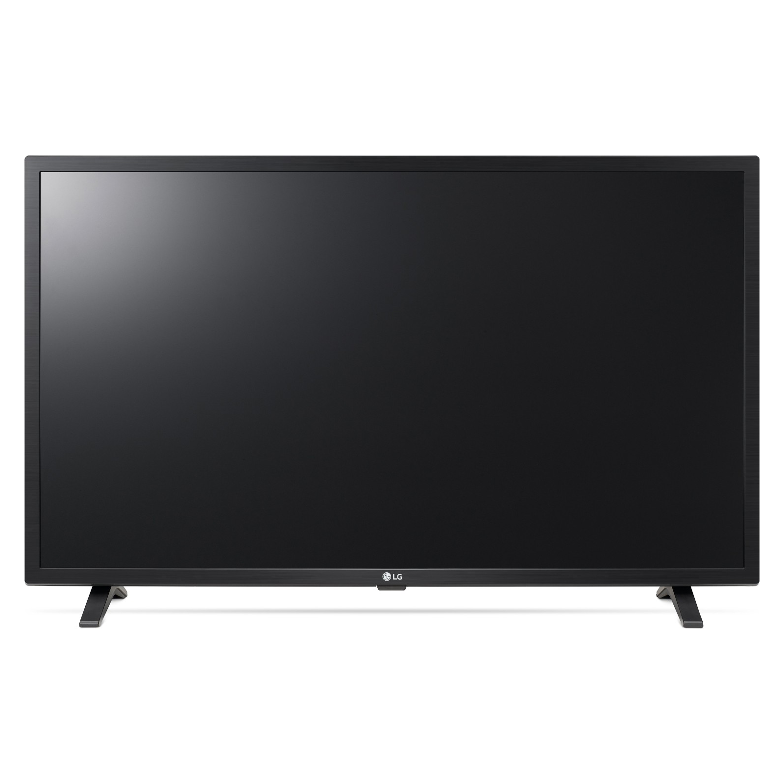 Czarny telewizor LG na białym tle. Ekran jest wyłączony i czarny.