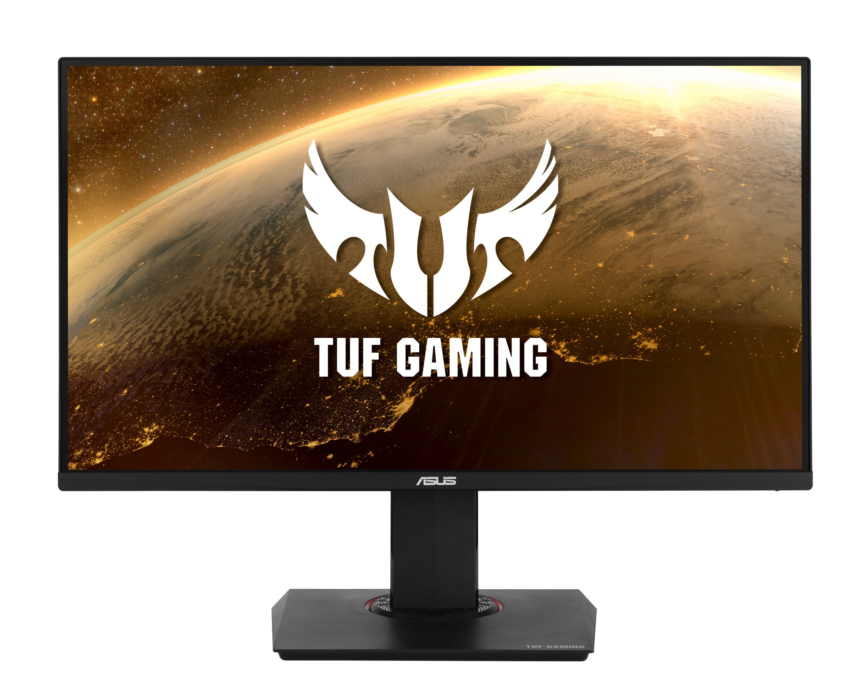Monitor Asus TUF Gaming con supporto nero. Lo schermo mostra un logo su sfondo planetario.