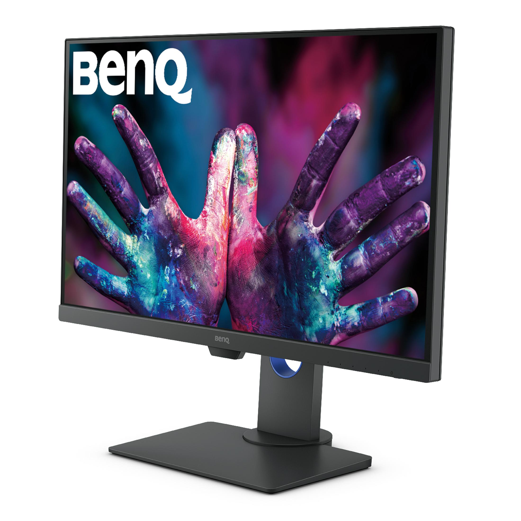 BenQ monitor displaying colorful hands painting art. The monitor is on a stand, isolated on white.