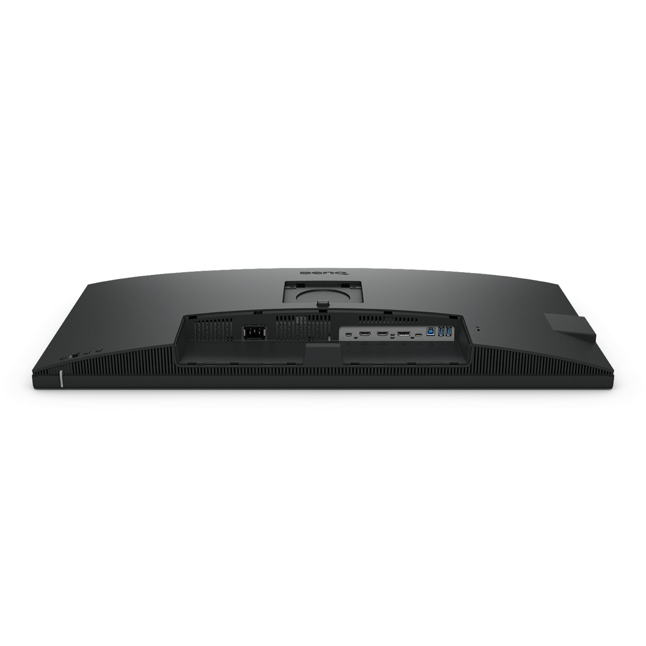 The back of a black computer monitor. It has ports and connections, and a curved design.