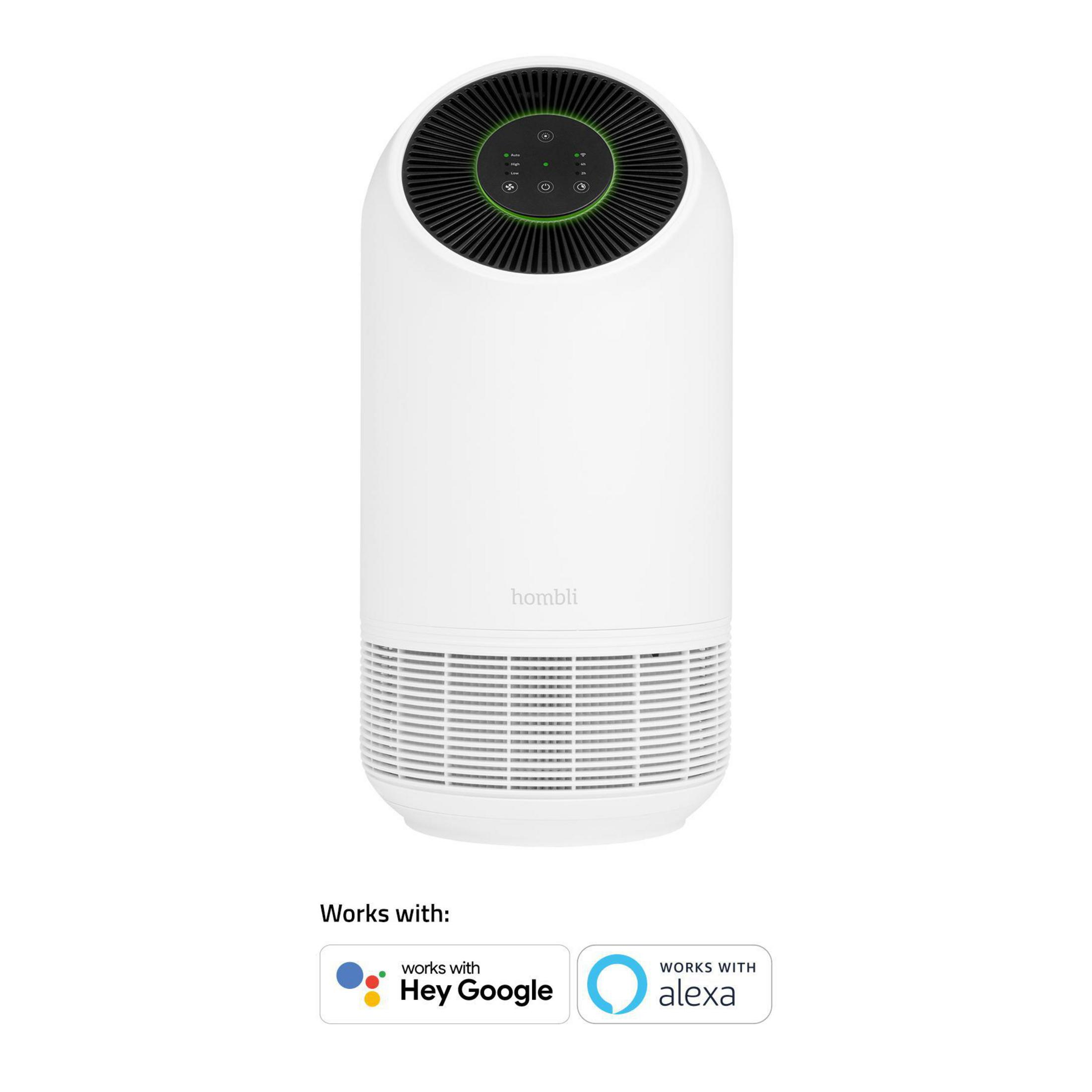 Purificatore d'aria bianco con parte superiore nera. Ha una presa d'aria circolare e controlli sulla parte superiore, più i loghi Alexa e Hey Google.