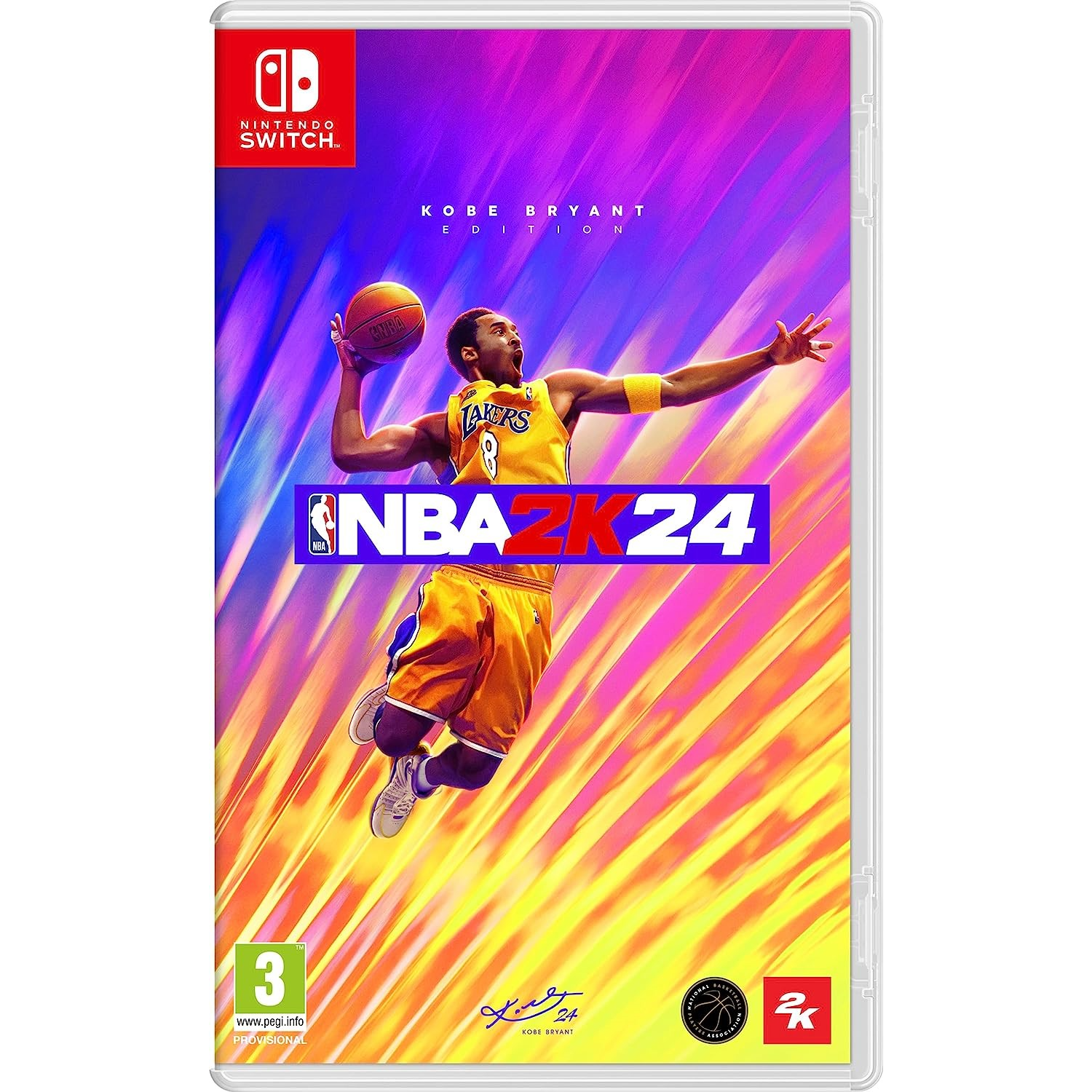 Pudełko gry NBA 2K24 na Nintendo Switch, z Kobe Bryantem na okładce, rzucającym piłkę.