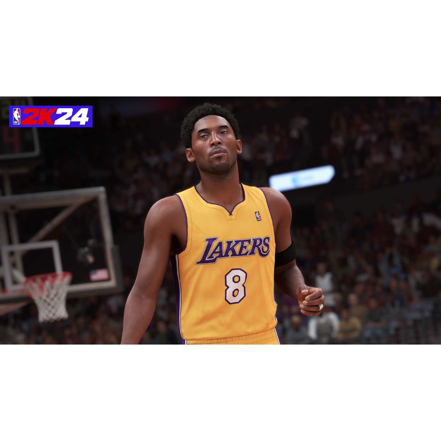 Kobe Bryant w żółtym dresie Lakers na boisku do koszykówki. Logo NBA 2K24 widoczne na górze.