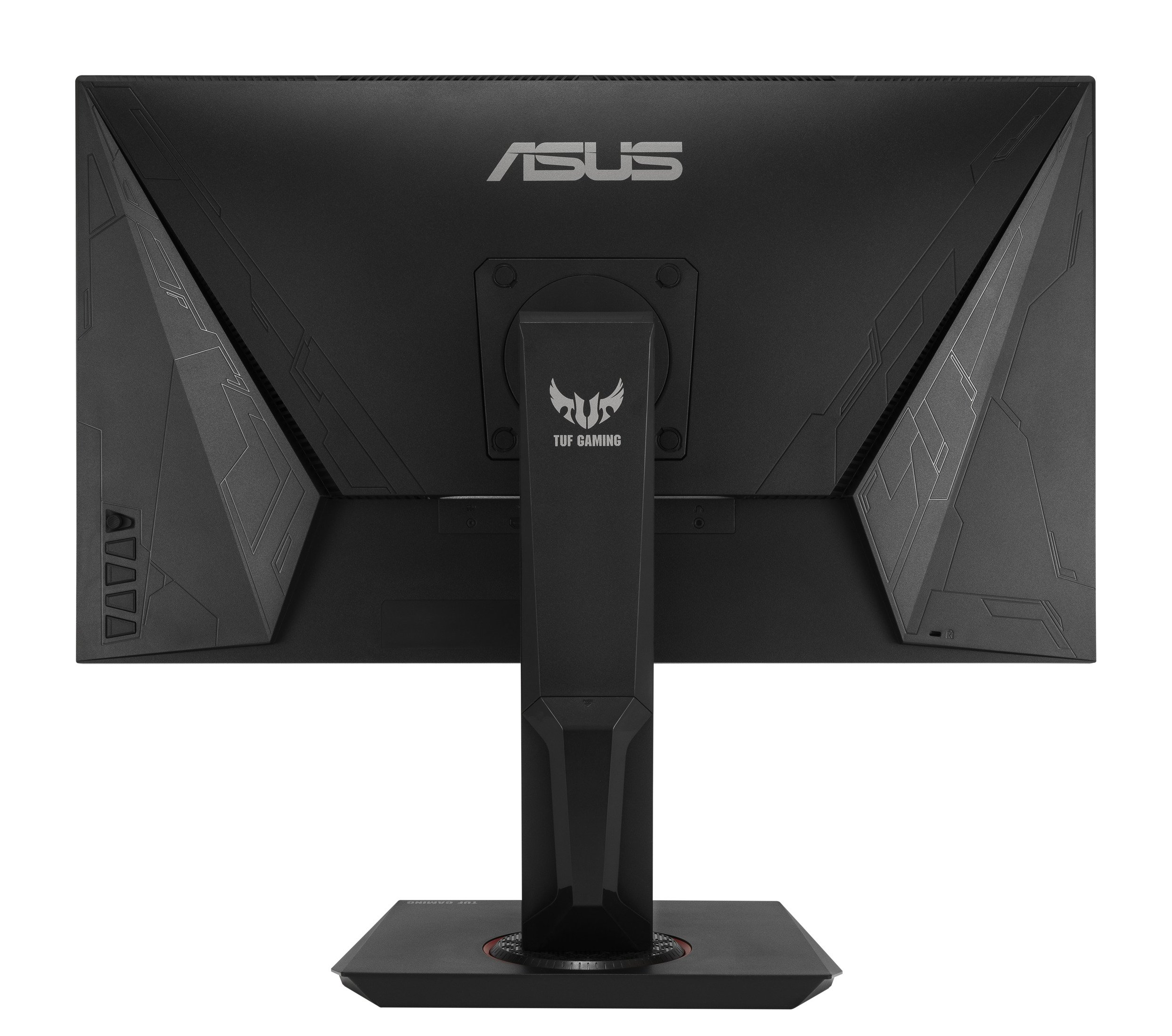 Il retro di un monitor nero con il logo ASUS, il marchio TUF GAMING e un supporto.