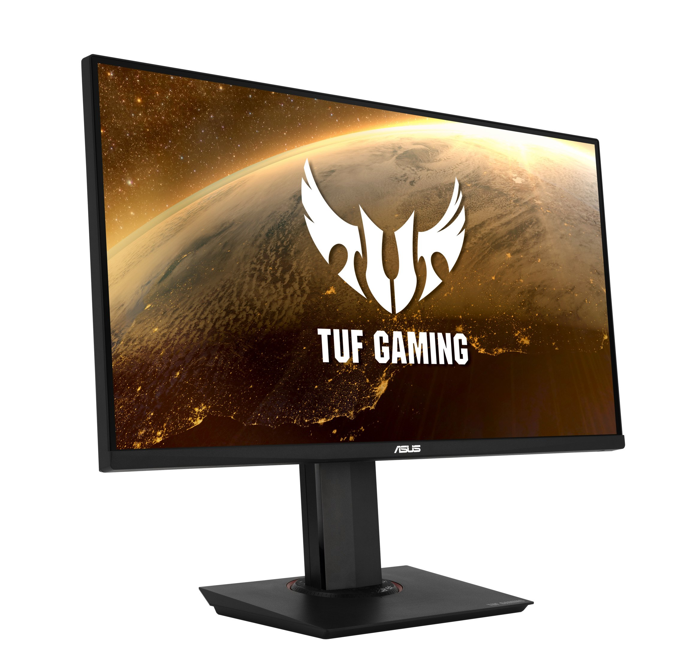 Monitor ASUS TUF Gaming che mostra una grafica a tema spaziale. È su un supporto e isolato su bianco.