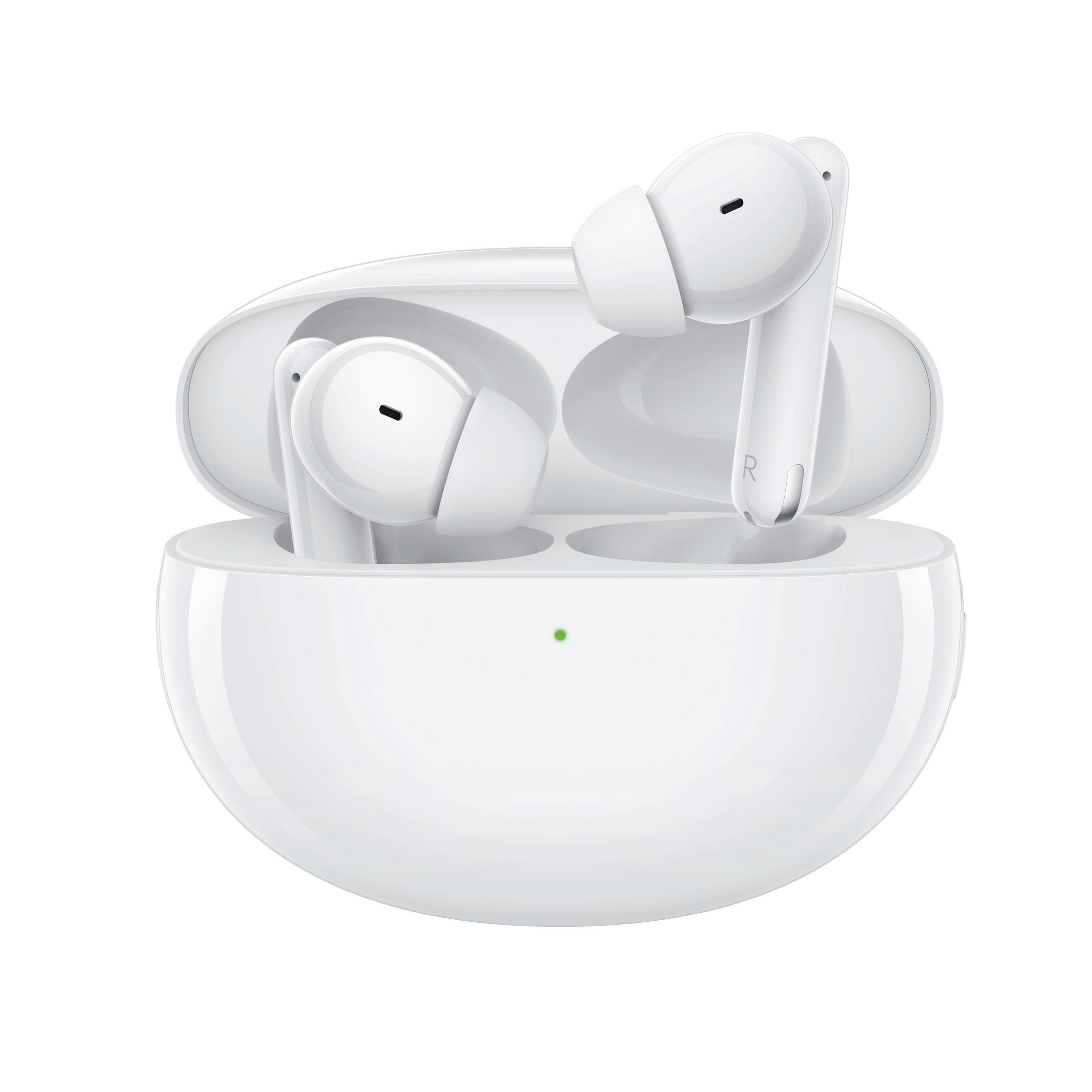 White wireless earbuds in a white charging case, open, against a white background.