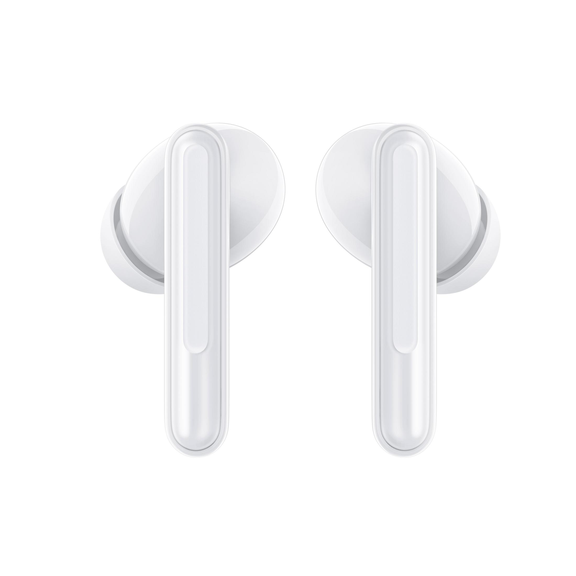 Two white wireless earbuds, placed on a white surface, isolated.