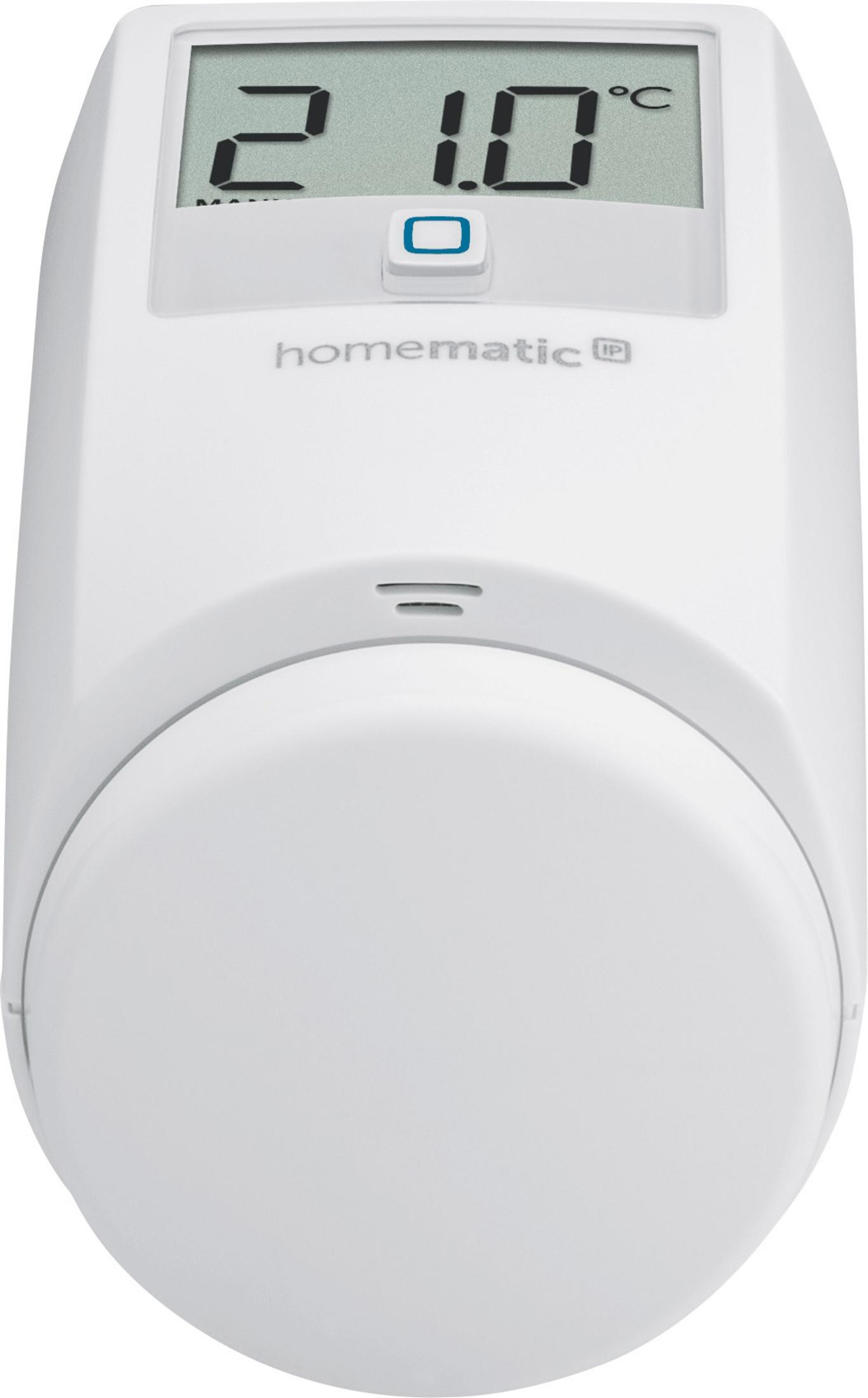 Weißes Homematic IP Thermostat zeigt die Temperatur 21,0°C an.