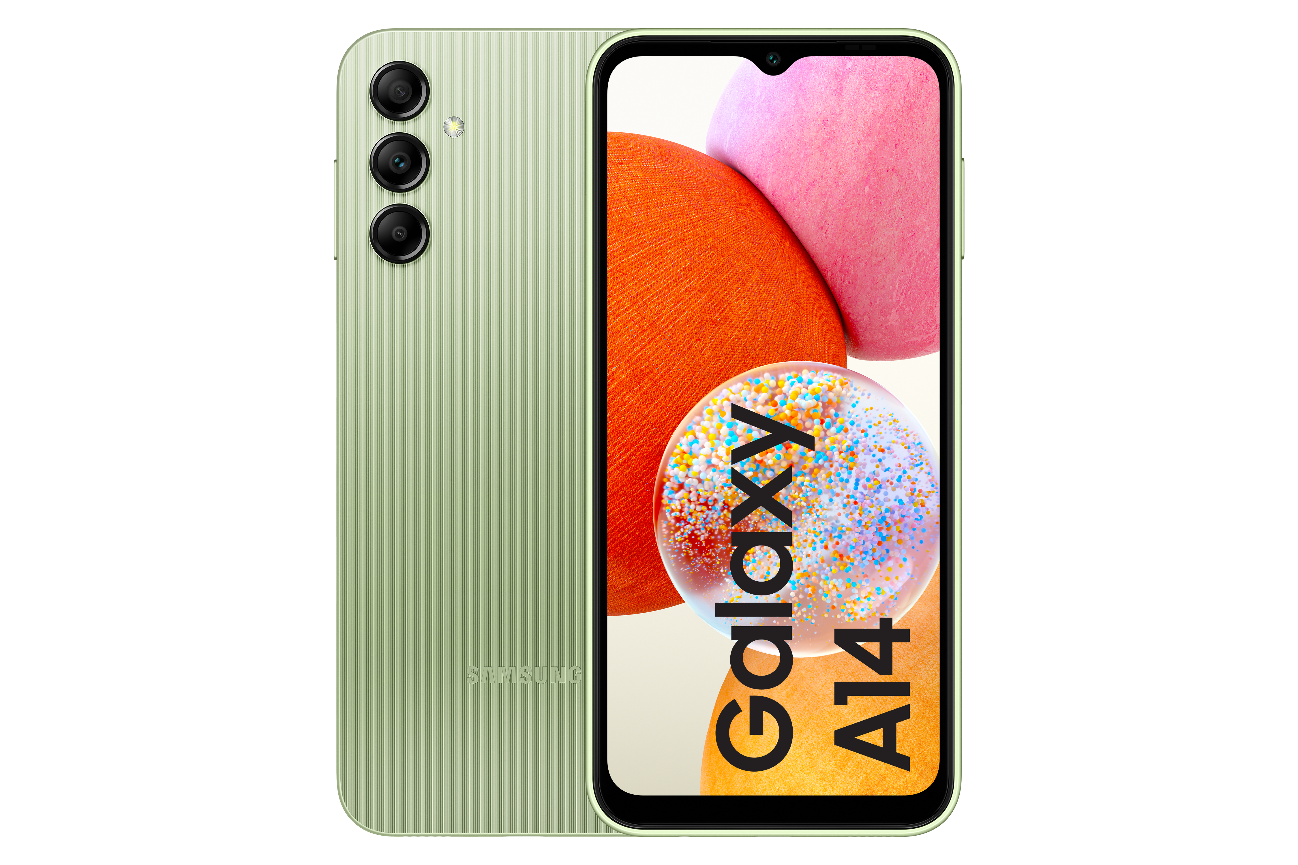 Grünes Samsung Galaxy A14 Telefon, vorne und hinten. Der Bildschirm zeigt Bild und Text.