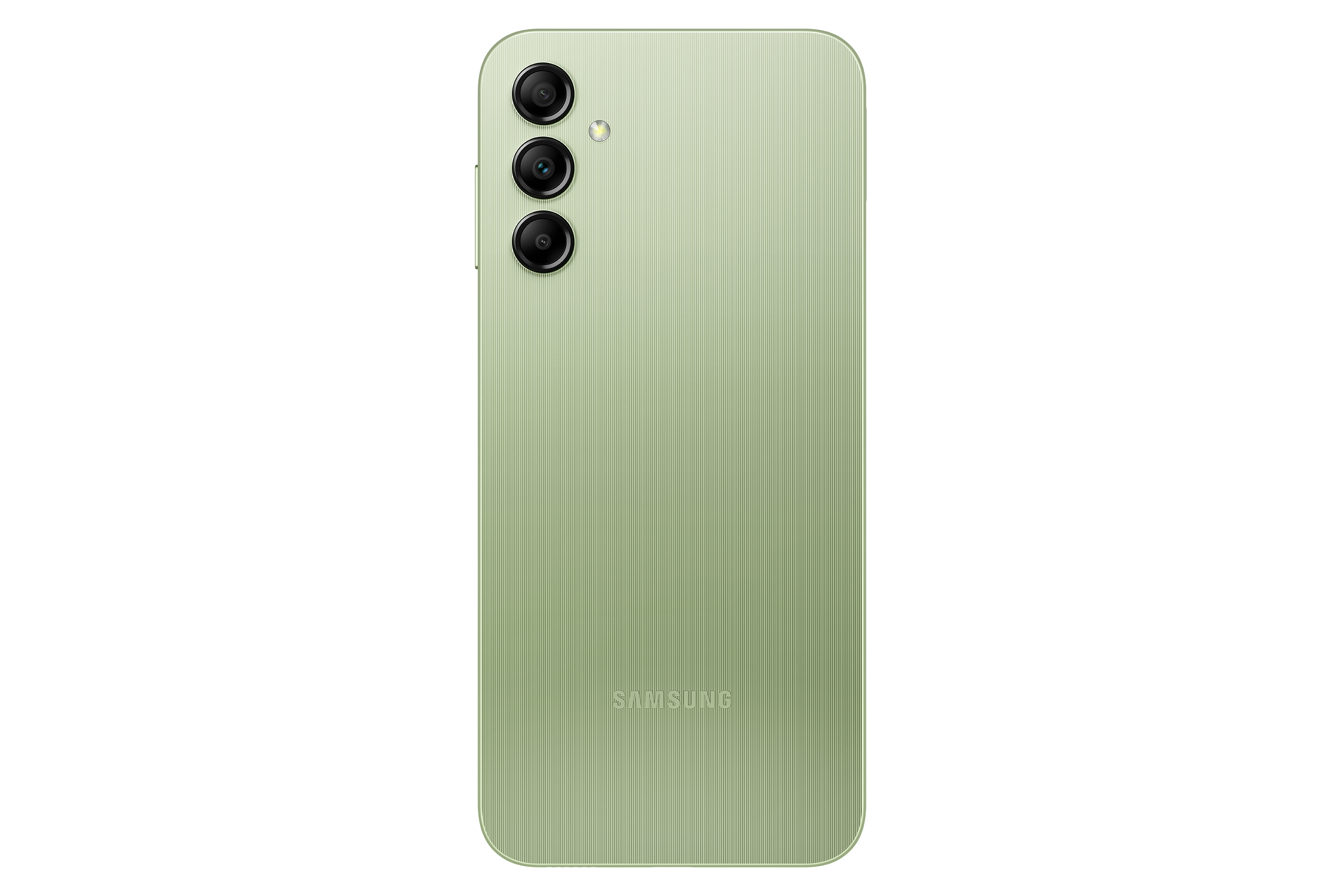 Telefono verde con tre fotocamere su sfondo nero. Il retro del telefono è visibile.