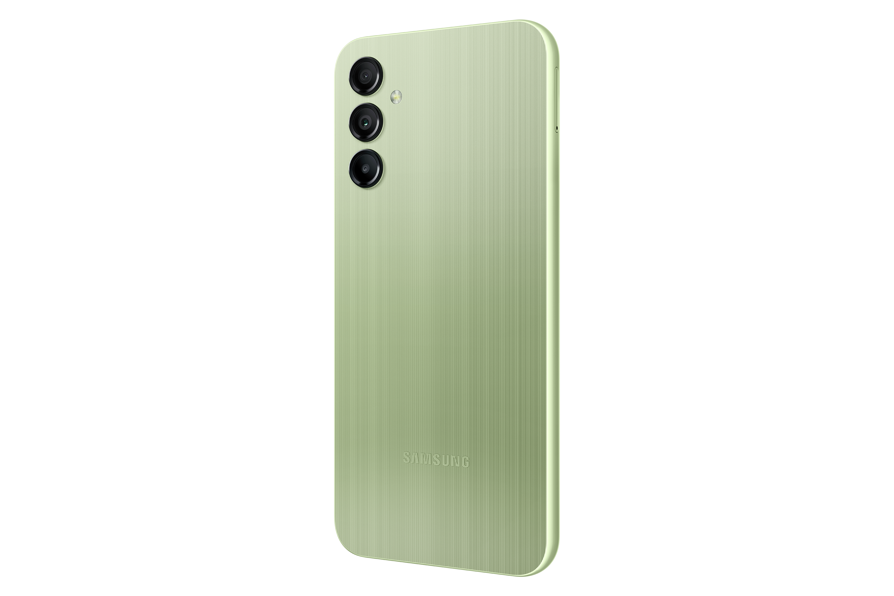 Zielony smartfon z trzema aparatami. Logo Samsung. Czarne tło.