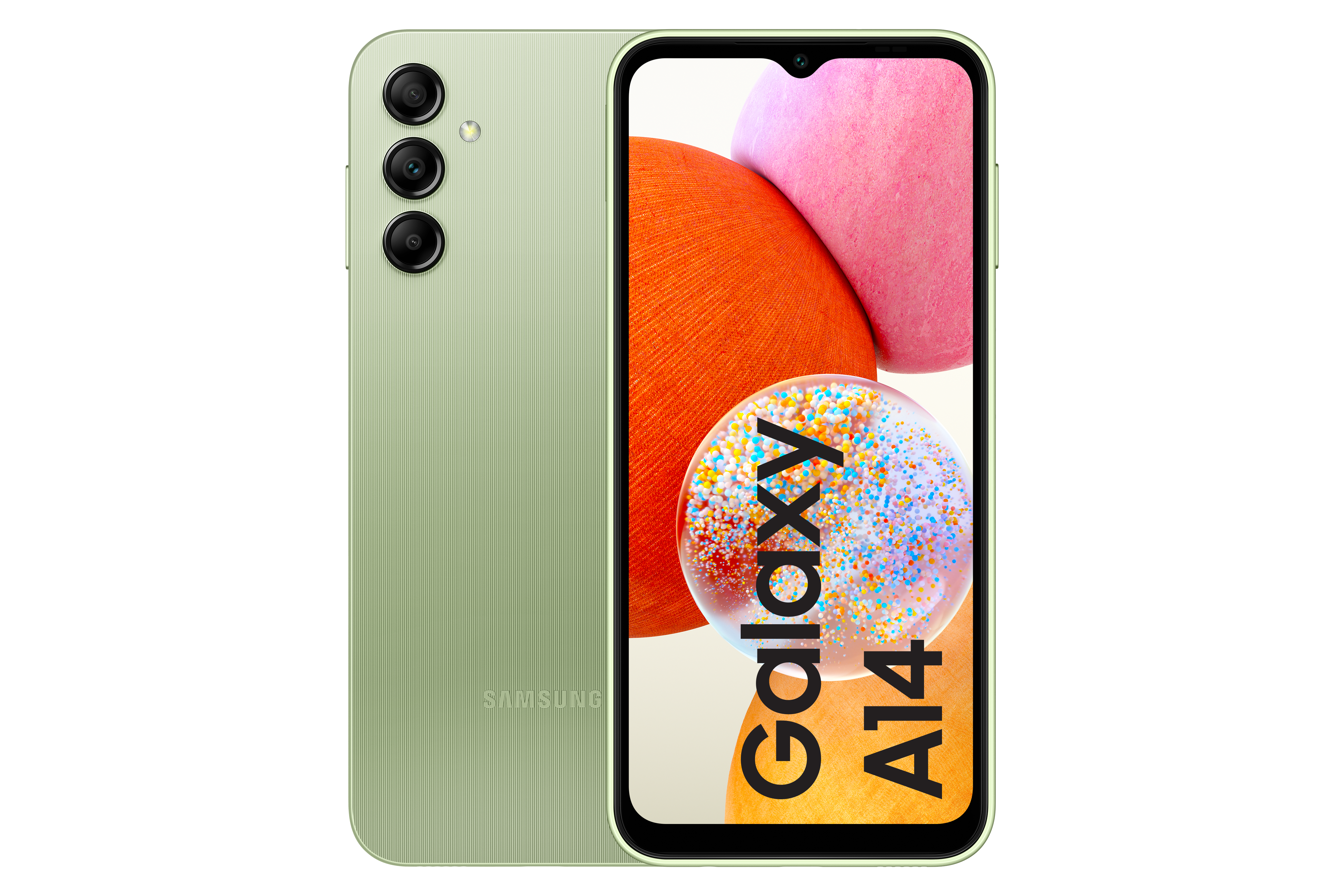 Telefono verde Samsung Galaxy A14. Il display mostra il testo Galaxy A14 con sfondo sfocato arancione e rosa.