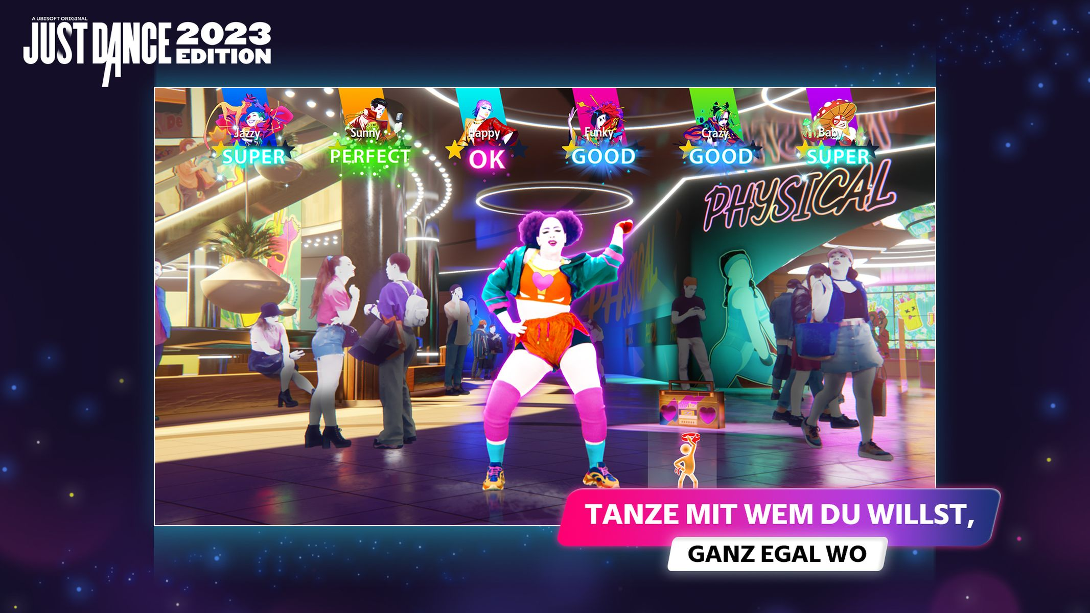 Ein Spielbildschirm mit Tänzern auf einer Bühne, Text: Just Dance 2023 Edition.